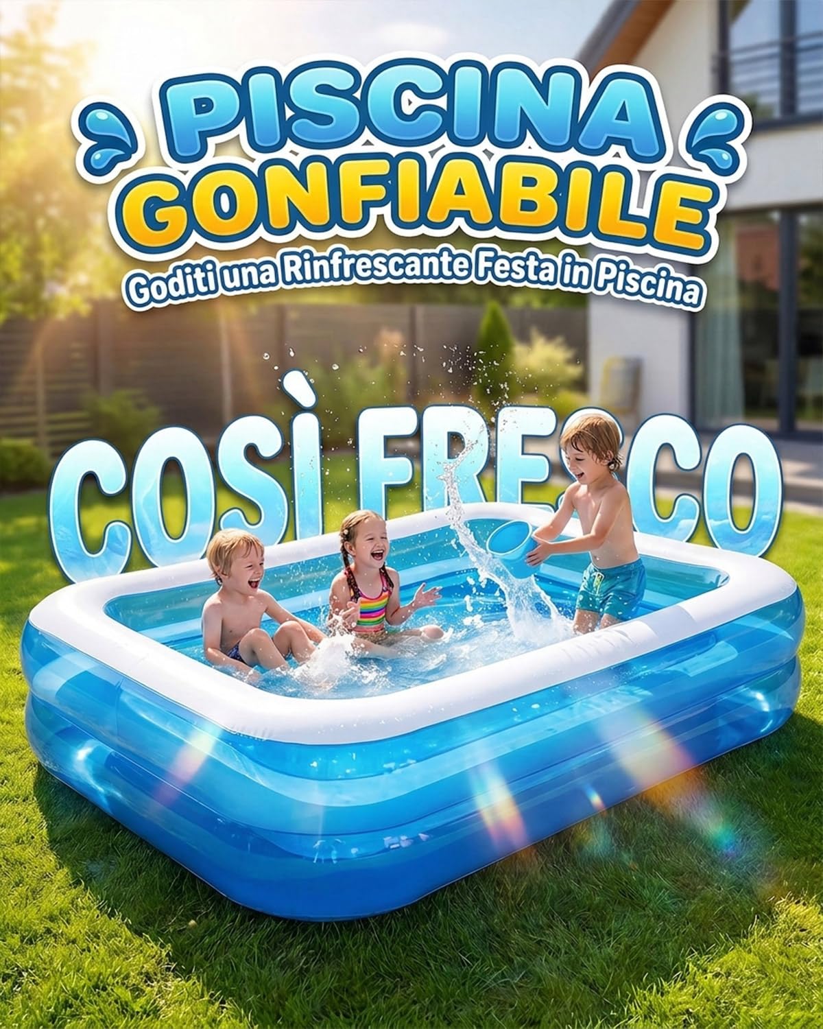Piscina Gonfiabile Rettangolare per Bambini e Adulti, Vasca d’Acqua 200X150X50cm, Piscina Familiale Estiva, Modello Multiuso per Giardino, Utilizzo Interno ed Esterno