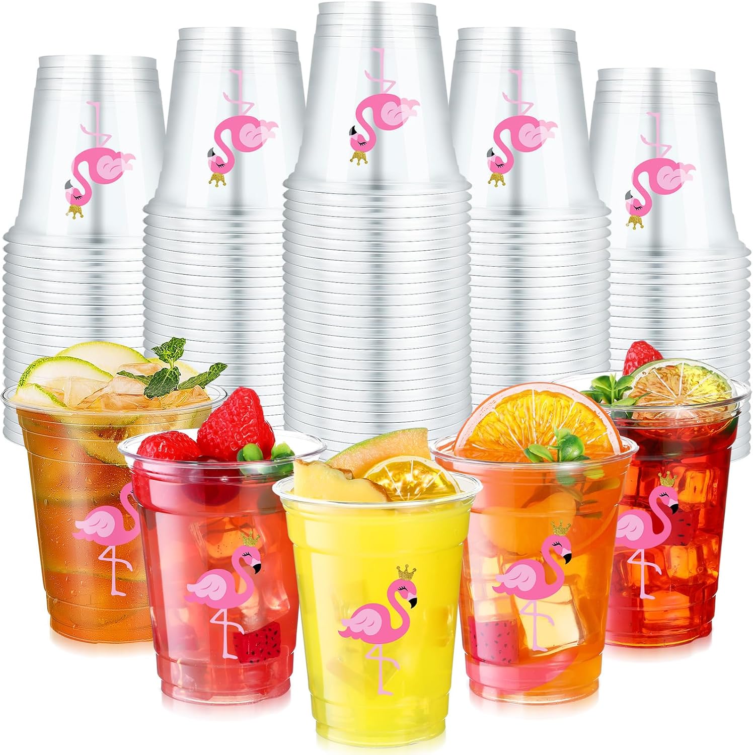 Jinei 50 Pcs 12 oz Flamingo Plastic Cup Luau Tropical Disposable Pink Flamingo Drinking Cup Summer Cold Beverage Drinking Accessories for Birthday Bachelor Beach Party Supplies