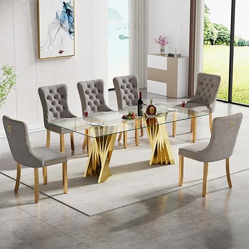 Miniatura 15 de SSLine Moderno juego de mesa de comedor de cristal de 7 piezas para 6 mesas de cocina y sillas de cristal dorado de lujo para 6 elegantes mesas de