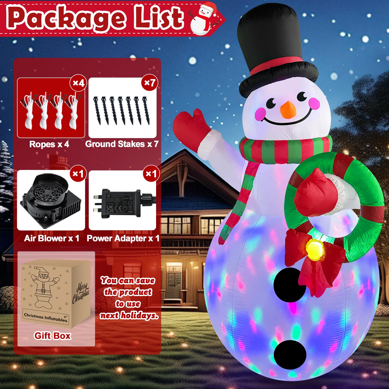 Danxilu Grand bonhomme de neige gonflable de 3,7 m avec guirlande, bonhomme de neige géant gonflable, lumières LED rotatives intégrées pour Noël, extérieur, jardin, cour, fête de vacances