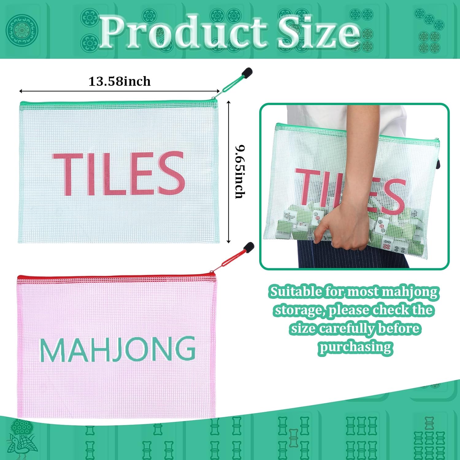 2 Pack 13.6 x 9.7 Inch Empty Mahjong Tile Bag American PVC Clear Mahjong Case Size 166 Waterproof Zippered Storage Tile Holder Rack Bag for Game Lover Gift Travel, Case Only