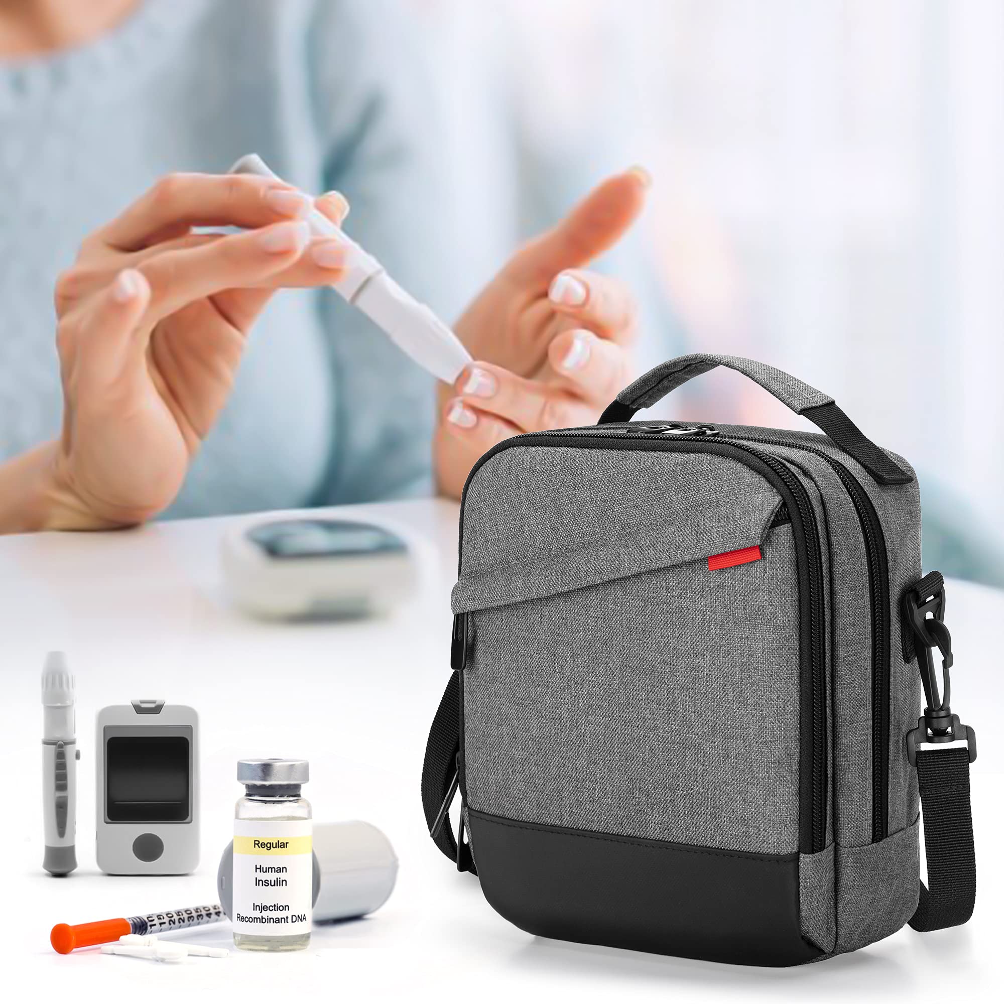 CURMIO Borsa termica per insulina da viaggio, borsa per alimenti per il diabete con tracolla per penna per insulina, glucometro e forniture per diabetici, Grigia (solo borsa)
