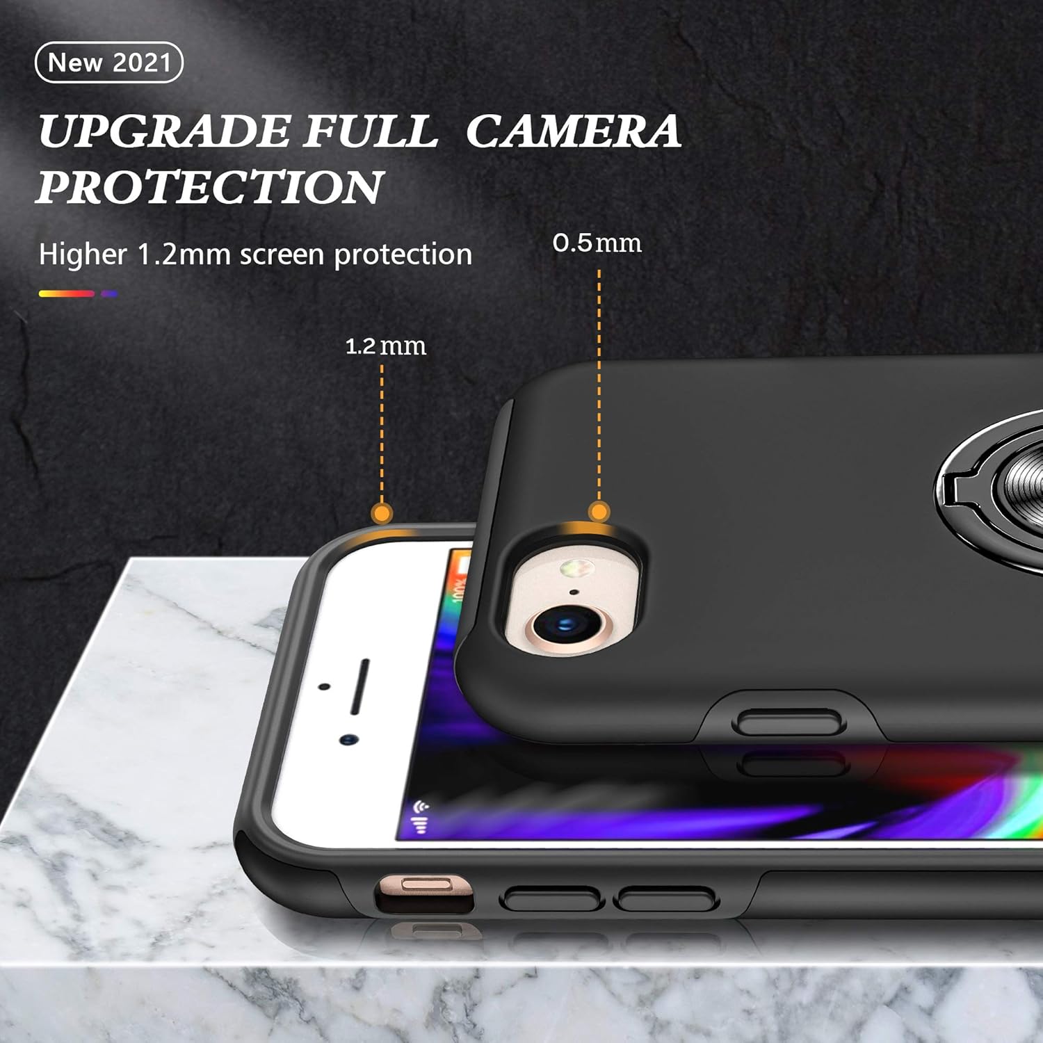 for iPhone SE 2020/2022 Case with Tempered Glass Screen Protector, Hybrid Protective Slim Fit Case with Invisible Magnetic Ring Kickstand, Black - Image 6