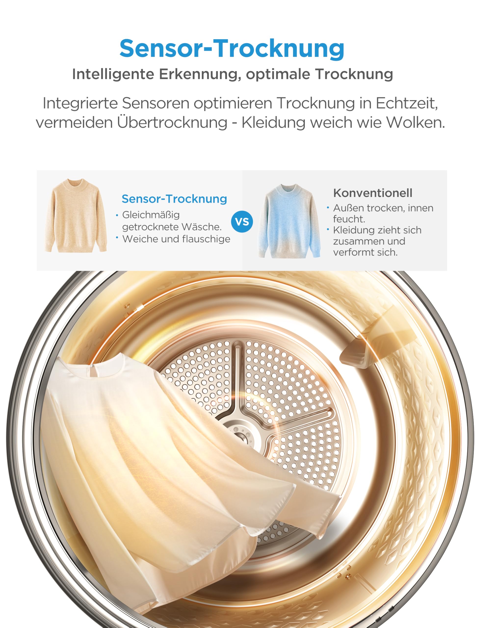 Midea MD11EH80BD Wärmepumpentrockner, 8 kg, Energieklasse D, Schnelltrocknen 35', HealthGuard, Sensor-Trocknung,Auffrischen,Knitterschutz, Auffrischen Wolle, Weiß - 5