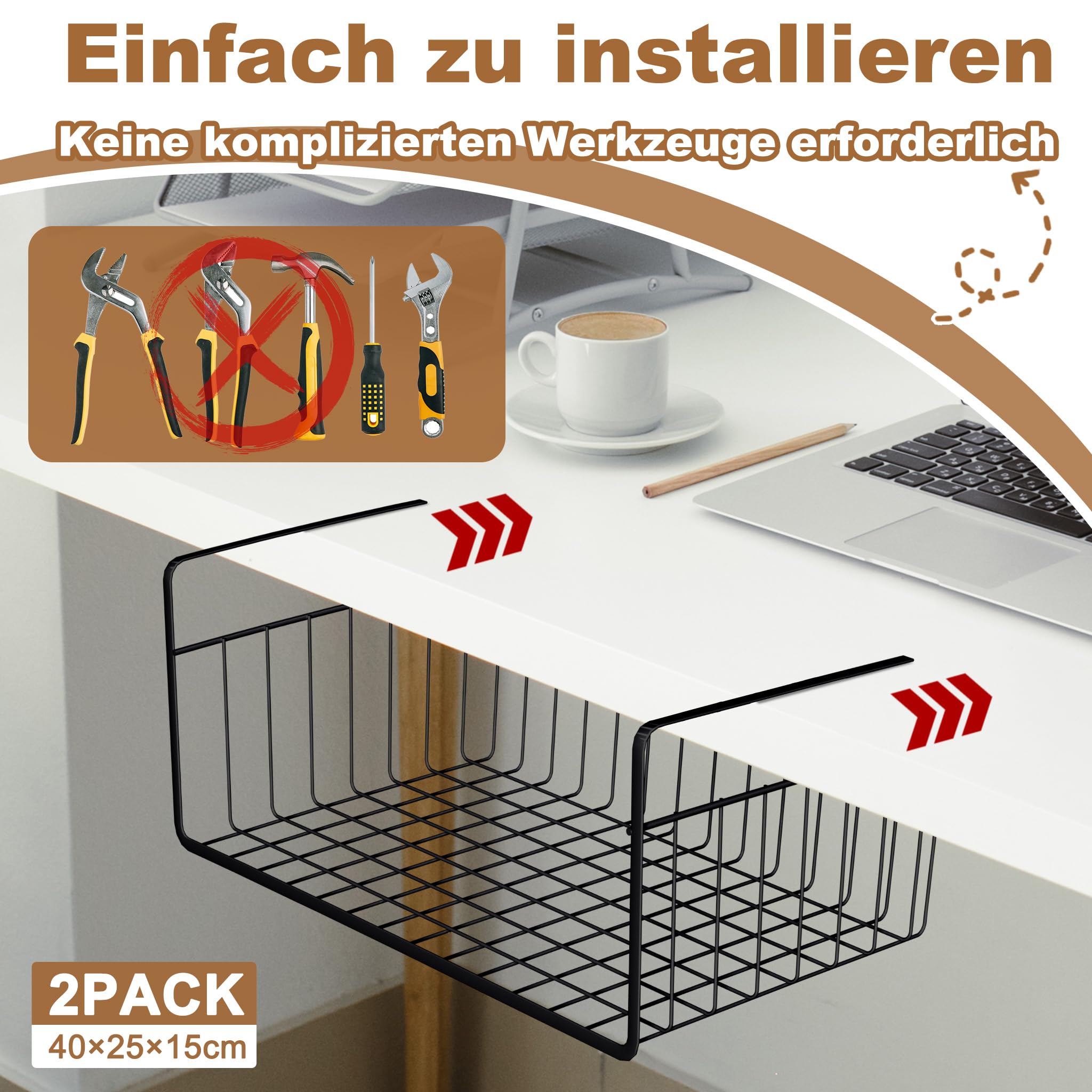 2er Set Hängekorb Unterregal Aufbewahrungskorb Metall Schwarz Korb-Organizer Regaleinhängekorb für Büro Küche Speisekammer Schrank