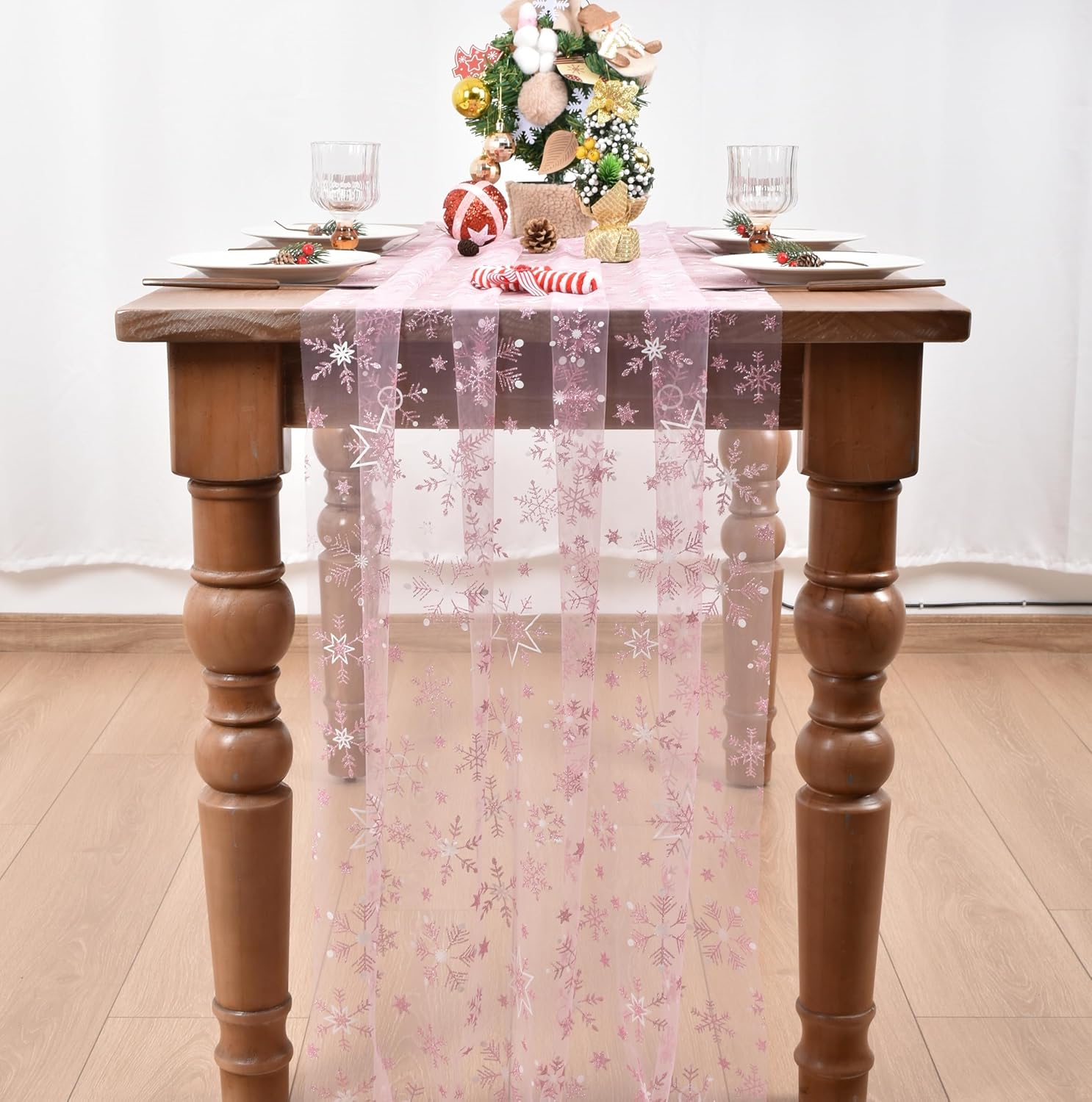 Joanlody 4pcs Pink Christmas Snowflake Gauze Table Runner Glitter Metallic Foil 10ft Seasonal Sheer Tulle Table Runner for Wedding Birthday Party Winter Festival Holiday Home Decor
