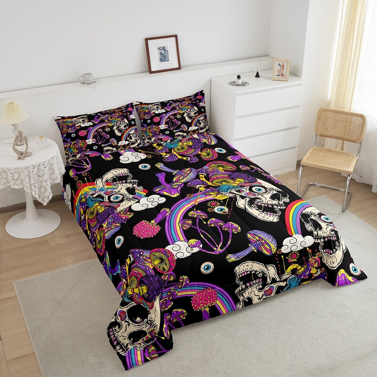 Castle Fairy Watercolor Rainbow Mushroom Bed Comforter Set Queen Size,70s Groovy Hippie Super Soft Microfiber Bedding Set for Adults Men,Skull Skeleton Decorative Comforter Set,3 Pcs