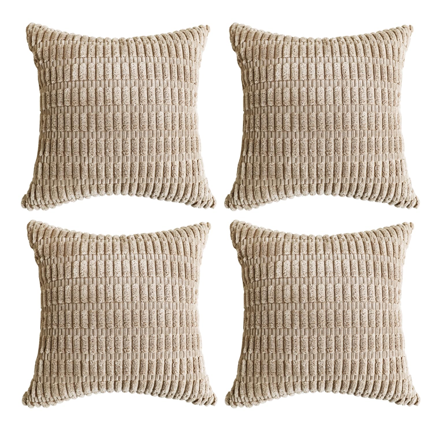 sykting Soft Corduroy Tan Summer Fall Throw Pillow Covers 18x18 inch Set of 4 Textured Plush Striped Cushion