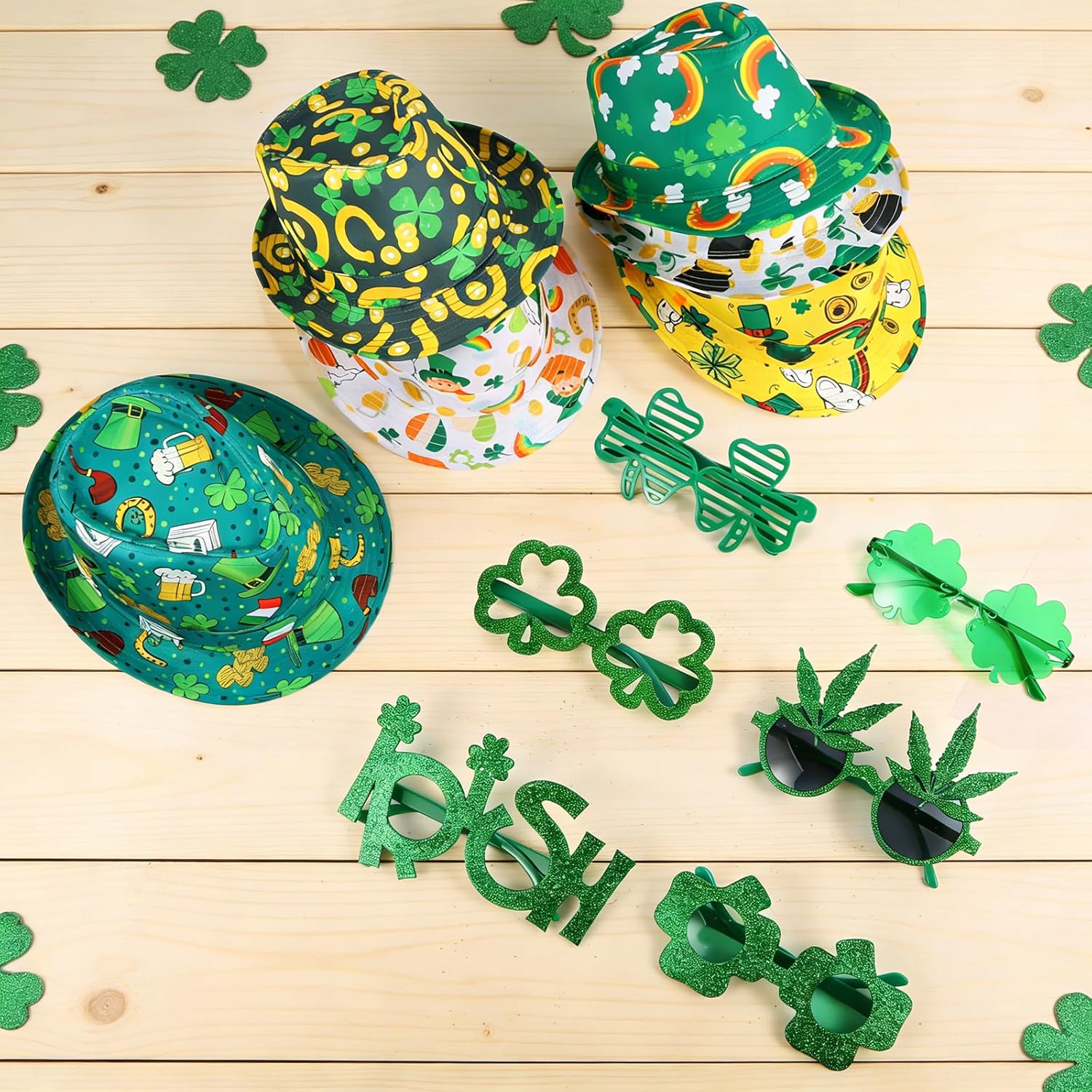 12pcs St.Patrick's Day Fedora Hats and Stpatricks Glasses for Adults Teen, Funny Shamrock Hat St Patricks Day Accessories, Funny Green Lucky Irish Hat, St.Paddy's Day Designs for Photo Booth Props