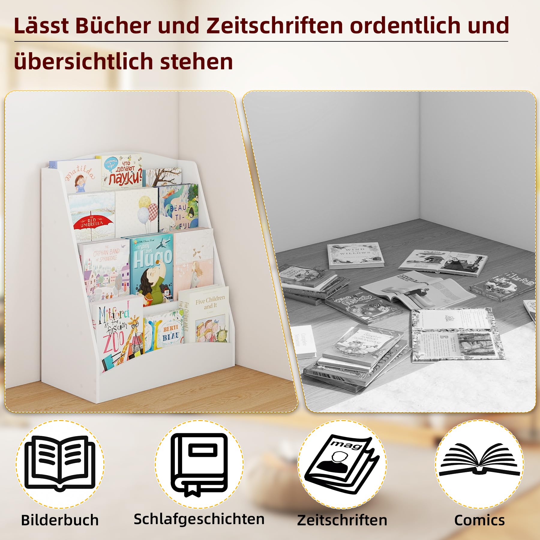 1 Stück Bücherregal Kinder mit 4 Offenen Fächern, Buchregal Bücher Regal Kinderregal Kinderzimmer Aufbewahrung Kinderzimmerregal für Kinderzimmer/Wohnzimmer/Arbeitszimmer/Weiß/60x30x70CM(BxTxH)