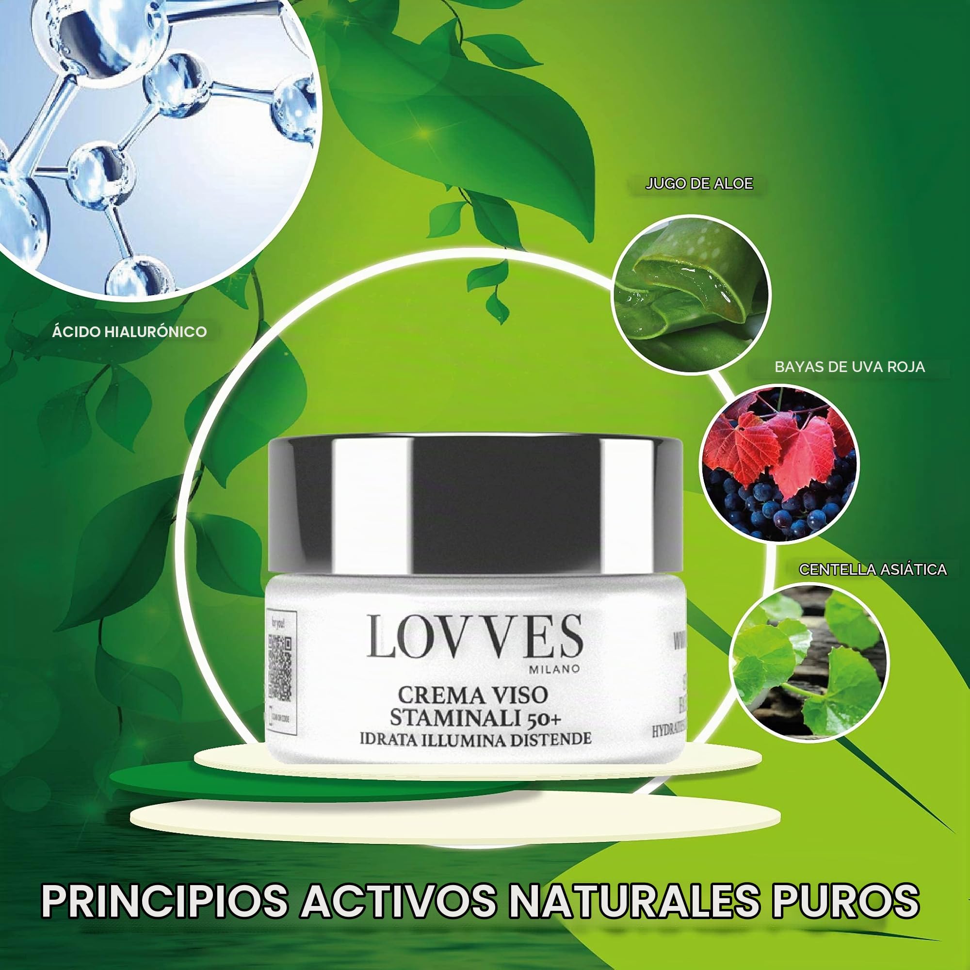 Crema Facial Células Madre 50+, Alta Cosmética Natural, Crema Facial Antiarrugas, Antiedad para Piel Madura, Hidratante, para el Día y la Noche, Formato Tarro Cristal 50 ml