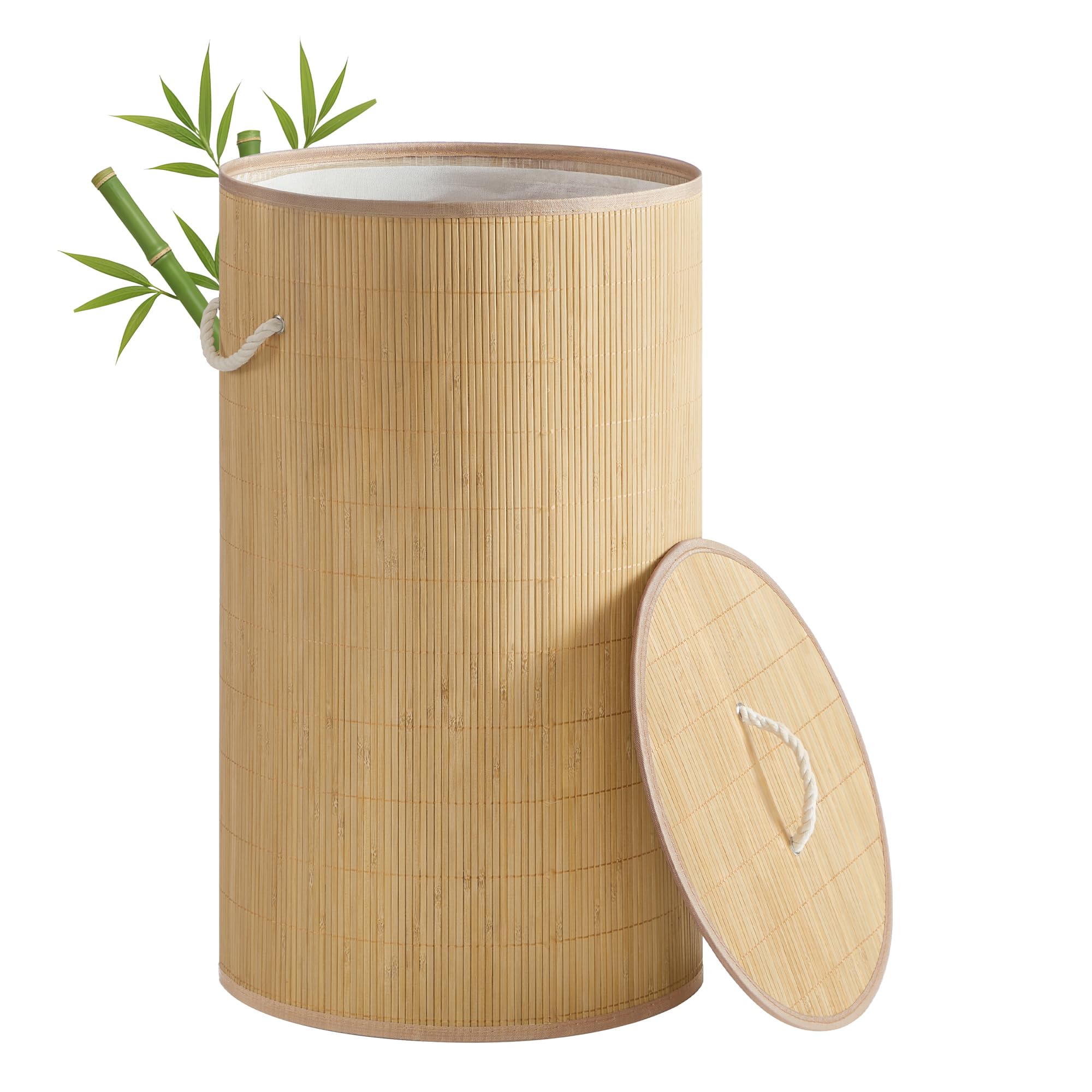 SONGMICS Wäschekorb mit Deckel, 90 L, Wäschesammler Bambus, rund, Wäschebox mit Griffen, faltbar, Wäschesack herausnehmbar maschinenwaschbar, naturfarben LCB078YZ01