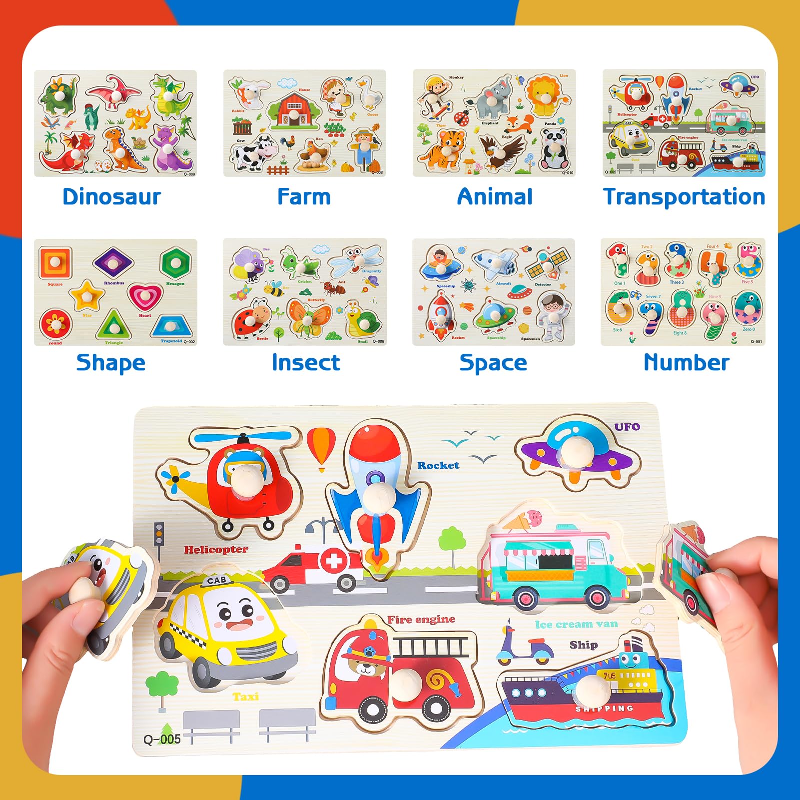 GSrenyu 8 Packs Wooden Jigsaw Puzzles for Kids,Toys for 2 3 Year Old Boys Girls,Wooden Peg Puzzles for Toddlers,Numbers,Geometry,Farm,Dinosaur,Animal,Transportation,Space,Insect - Image 3
