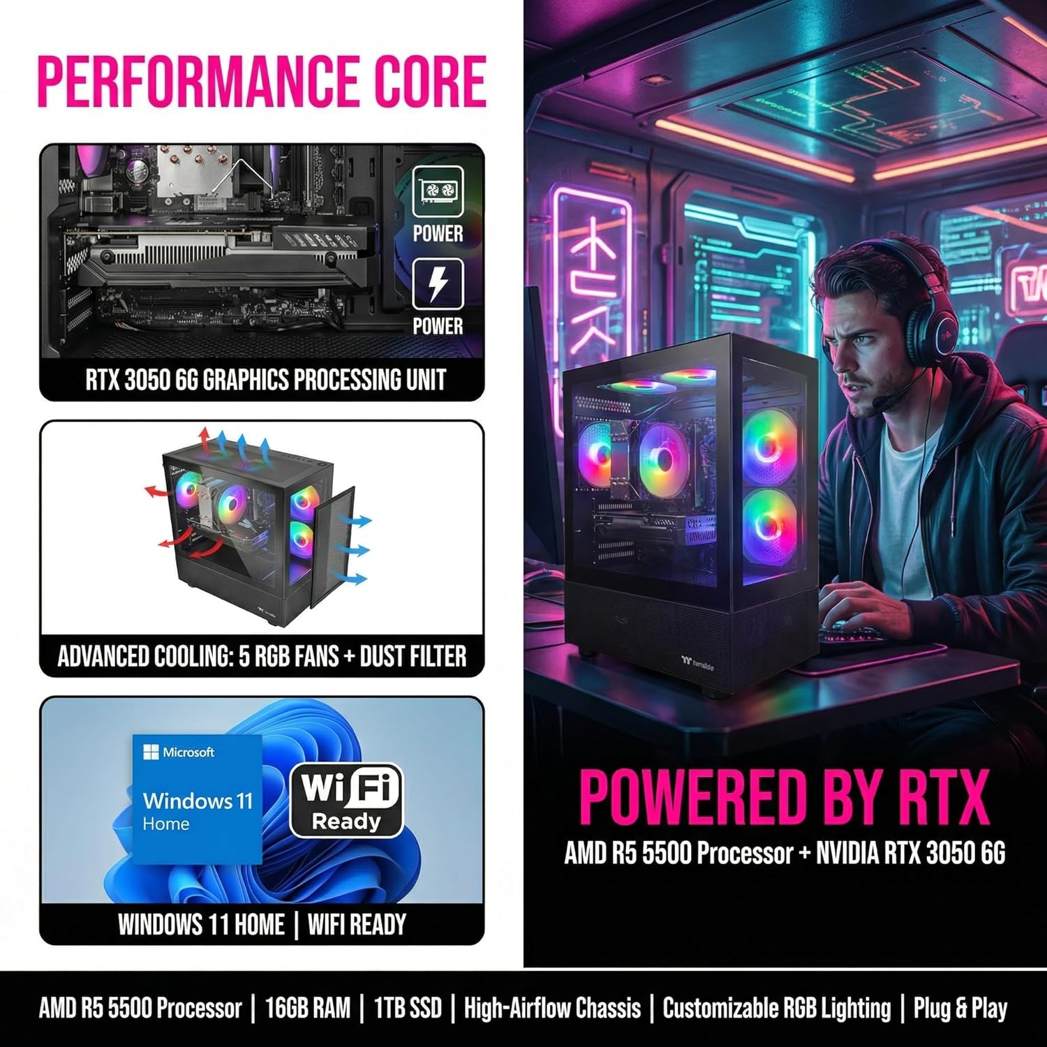 Gaming Desktop Computer, AMD R5 5500,RTX 3050 6G,16GB DDR4,512GB M.2 SSD, BX3 550W 80PLUS Bronze PSU, RGB Fan x5, WiFi Ready & Windows 11 Home, Black 5 81SAdi3JFrL. AC SL1500