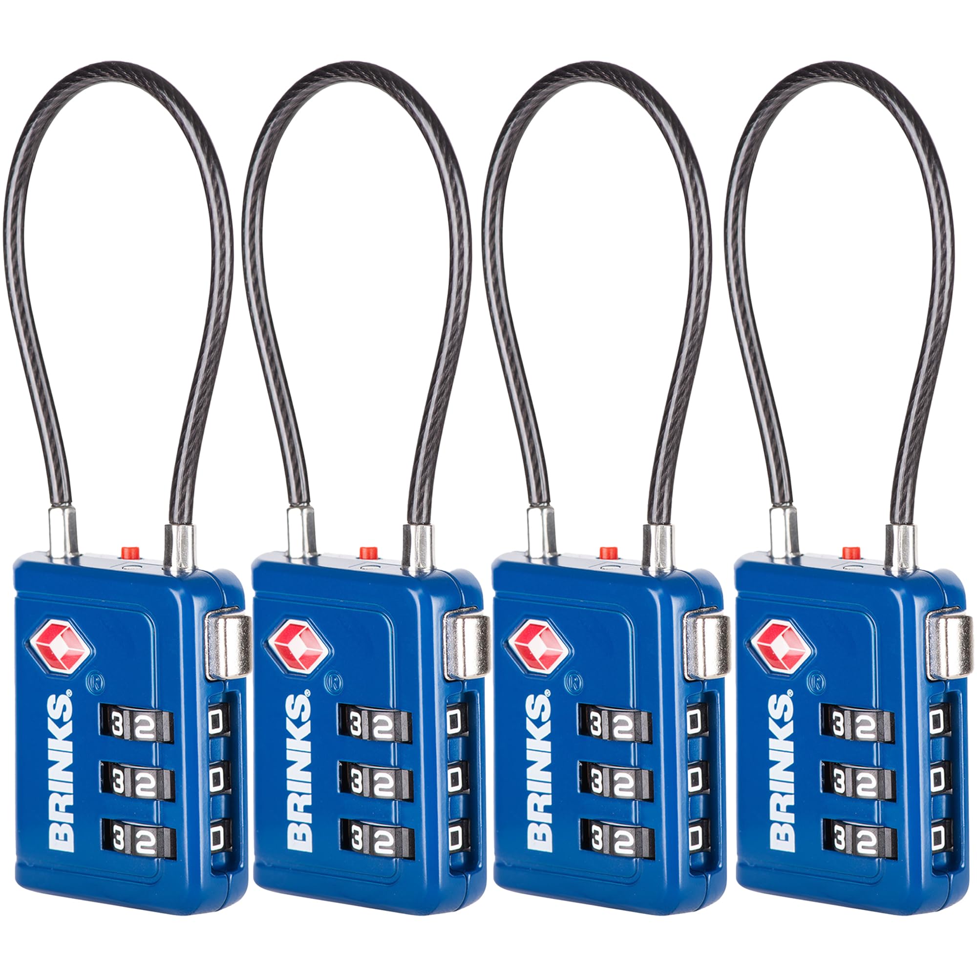 Brinks TSA Accepted Indicator Luggage Lock, Blue - Resettable 3-Dial Combination, 2.5 inch Long Cable Shackle, New More Secure TSA008 Key, 4 Pack