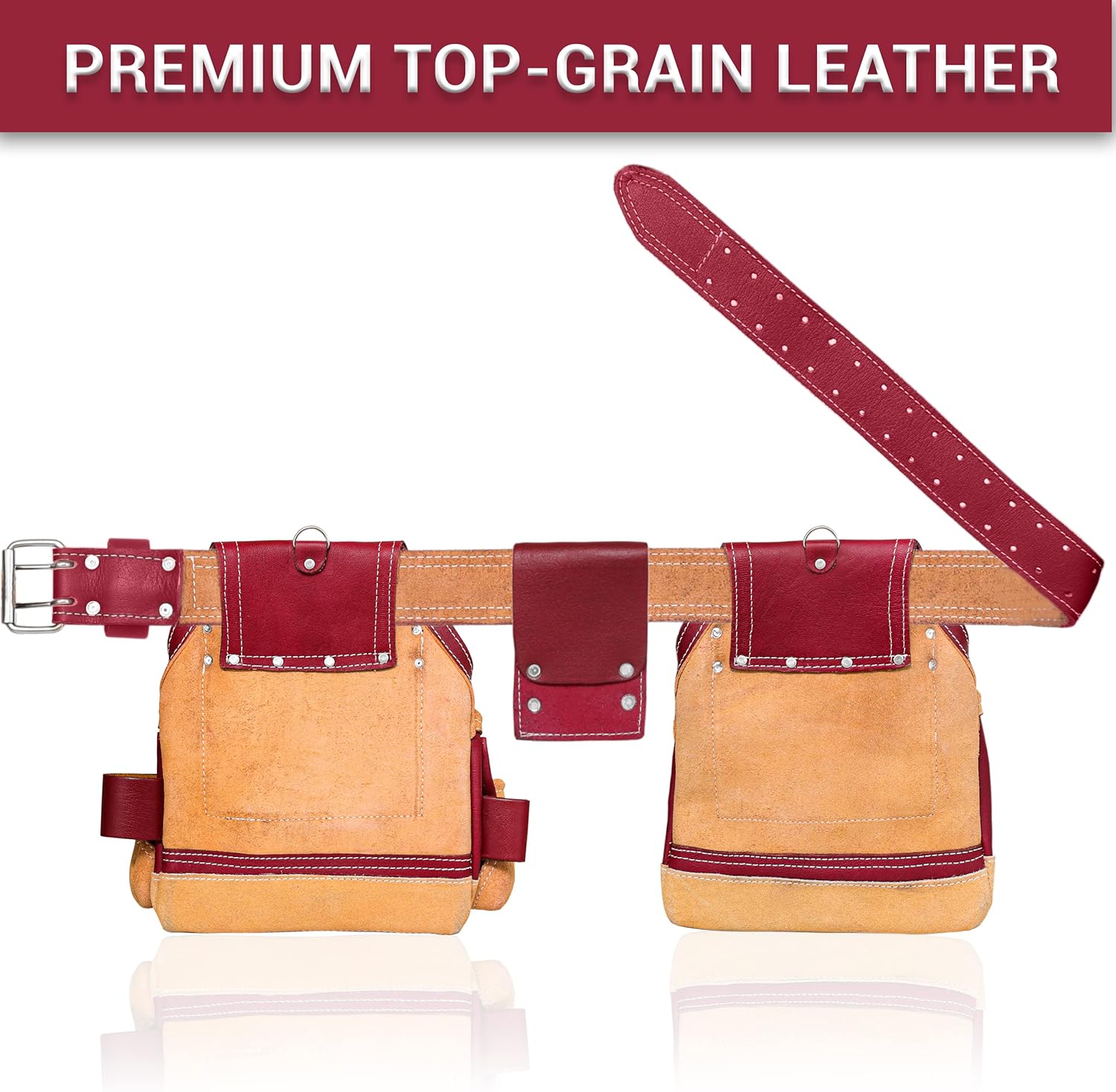 FUERI Leather Tool Belt Bag Men Pouch Heavy Duty Tools Pouches Organizer for Carpenter Construction Electrician Belts Bags Holder (16 Pocket Maroon, Adjustable)