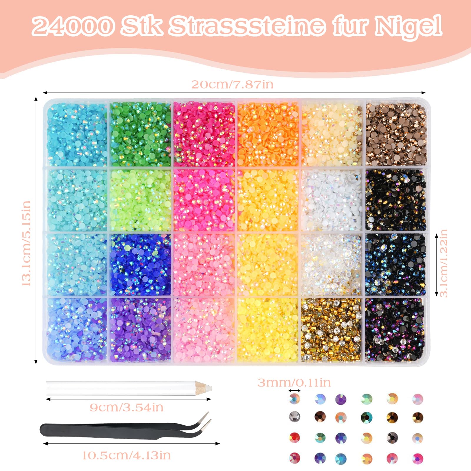 24000 Pezzi Strass Unghie Make Up Flatback Strass Cristallo Occhio Unghie Nail Art 3mm Brillantini Unghie Nail Charms DIY Gemme per Viso Strass per Decorazioni con Pinzette e Matita di Cera