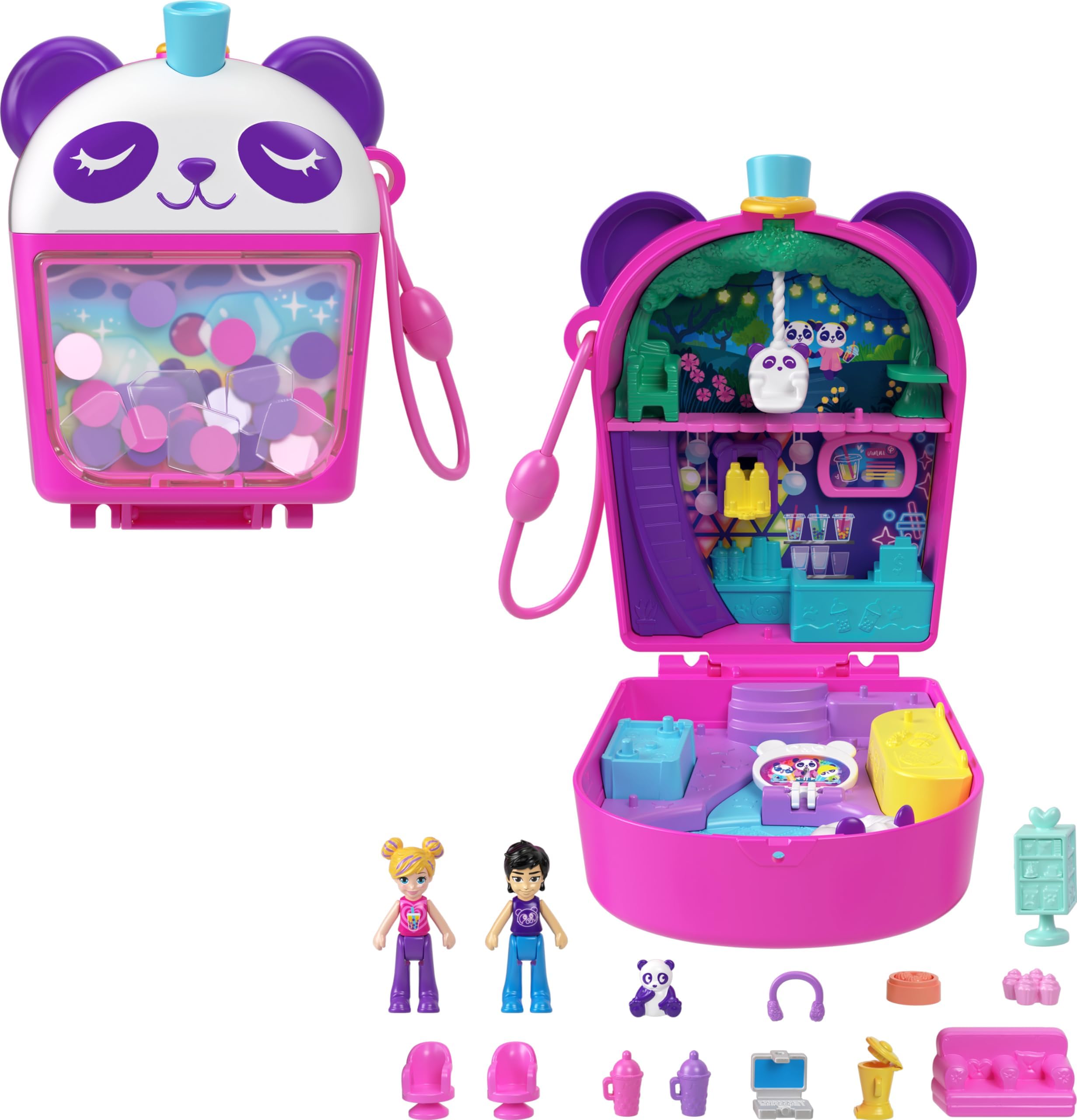 Polly Pocket - Dolls and Playset, Bubble Tea Panda Box, Animal Toy with 2 Small Dolls, Panda and Food Accessories, HWN95