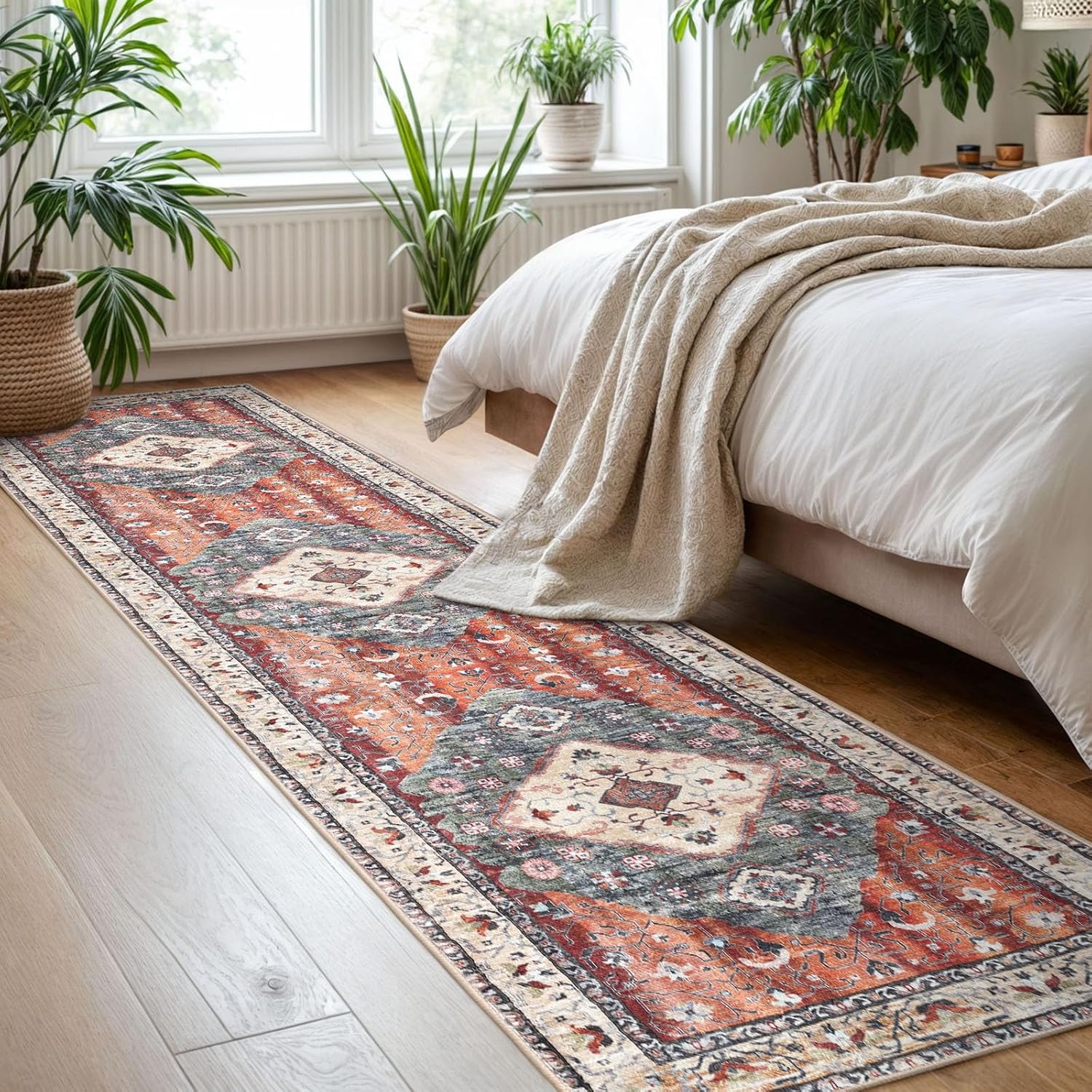 KOZYFLY Runners for Hallways 2x8 Ft Washable Kitchen Runner Rug Boho Runner Rug for Entryway Indoor Rust/Orange/Blue Printed Oriental Faux Wool Floor Carpet Runner for Bedroom Kitchen Hall