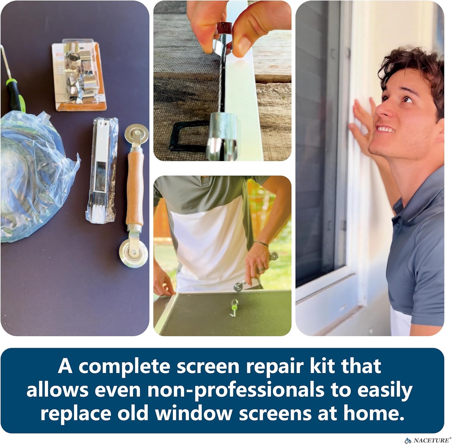 Screen Door Tool Kit - Screen Installer Clips with Screen Spline(32 ft) and Screen Rolling Tool and Removal Door Hook Screen Repair of Kit Mechanic Tools Set for Installing Window (5 in 1-20 Clips)