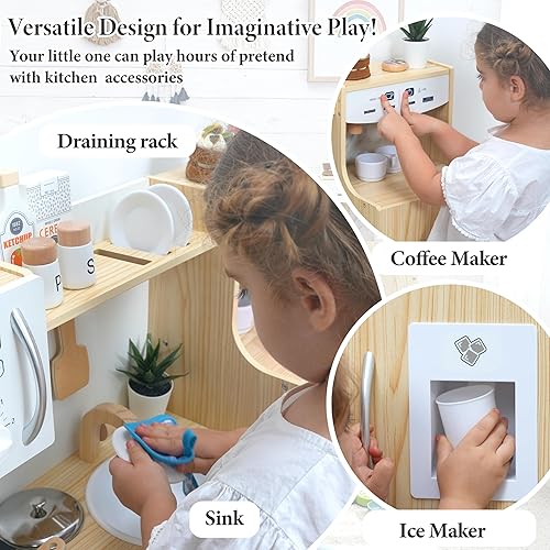 Miniatura 2 de Cocina de juego de madera para niños pequeños de 3 a 5 años con sistema de almacenamiento y 18 piezas, juego de regalo de cocina compacto todo