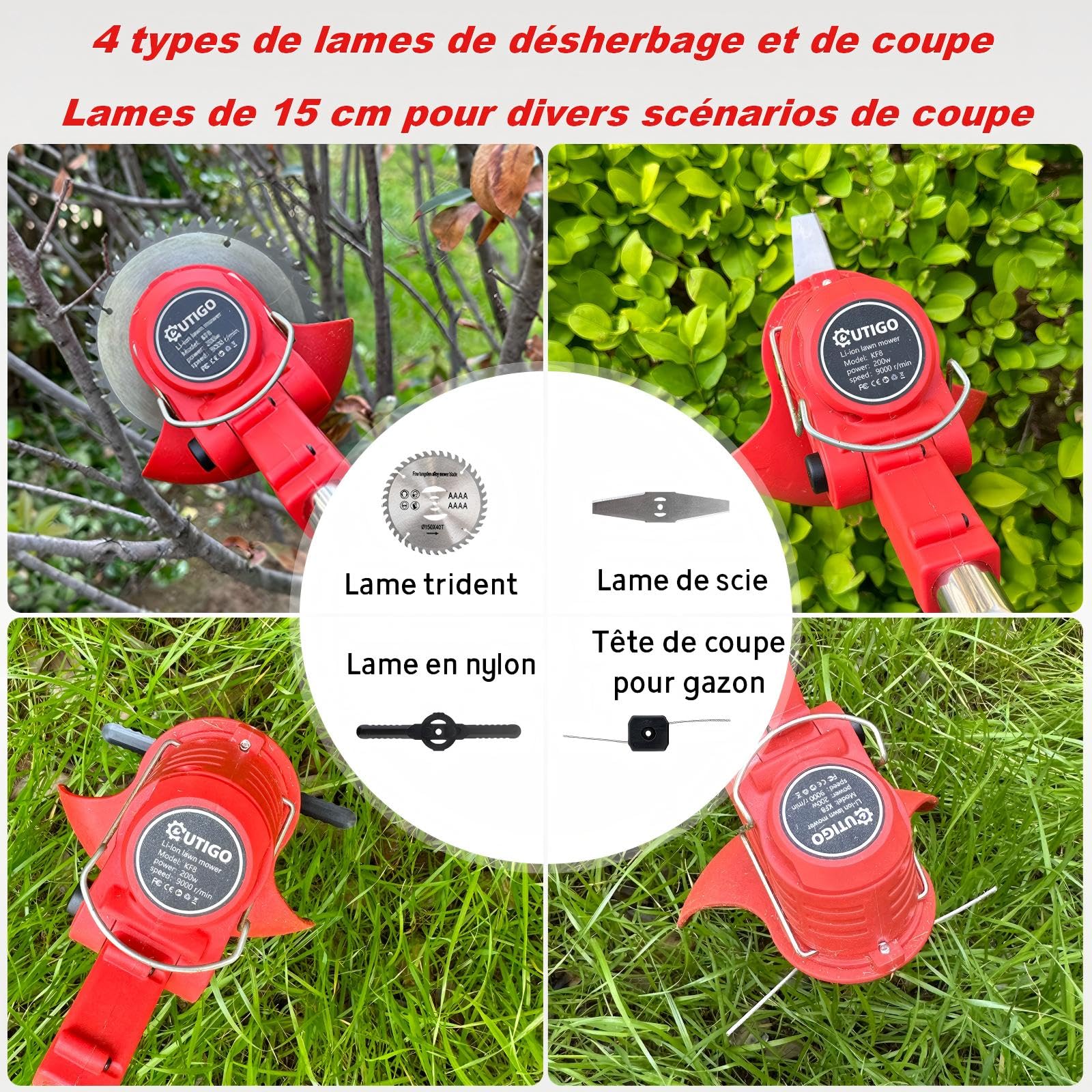 OUTIGO Debroussailleuse Electrique sans Fil, Débroussailleuse à Gazon Pliable avec 2 Batteries et 4 Types de Lames, Triple poignée Pliant, Pelouses et Terres Agricoles