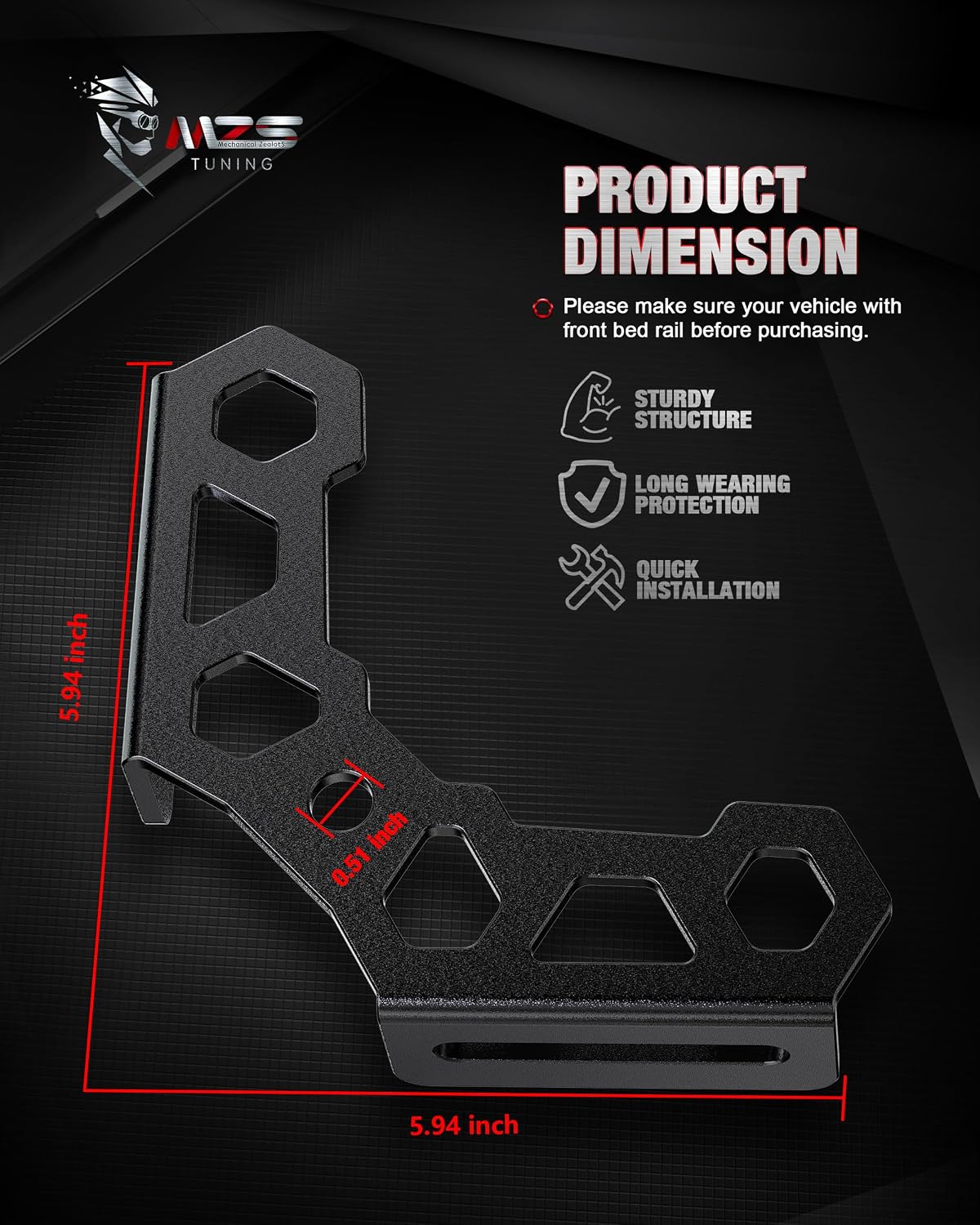 MZS Truck Bed Rail Corner Gussets, Front Tie Down Anchor 304 Stainless Steel Mounting Brackets Compatible with 2005-2015 Tacoma for Cargo CB Antenna Flag Whip Light, Black, Pack of 2