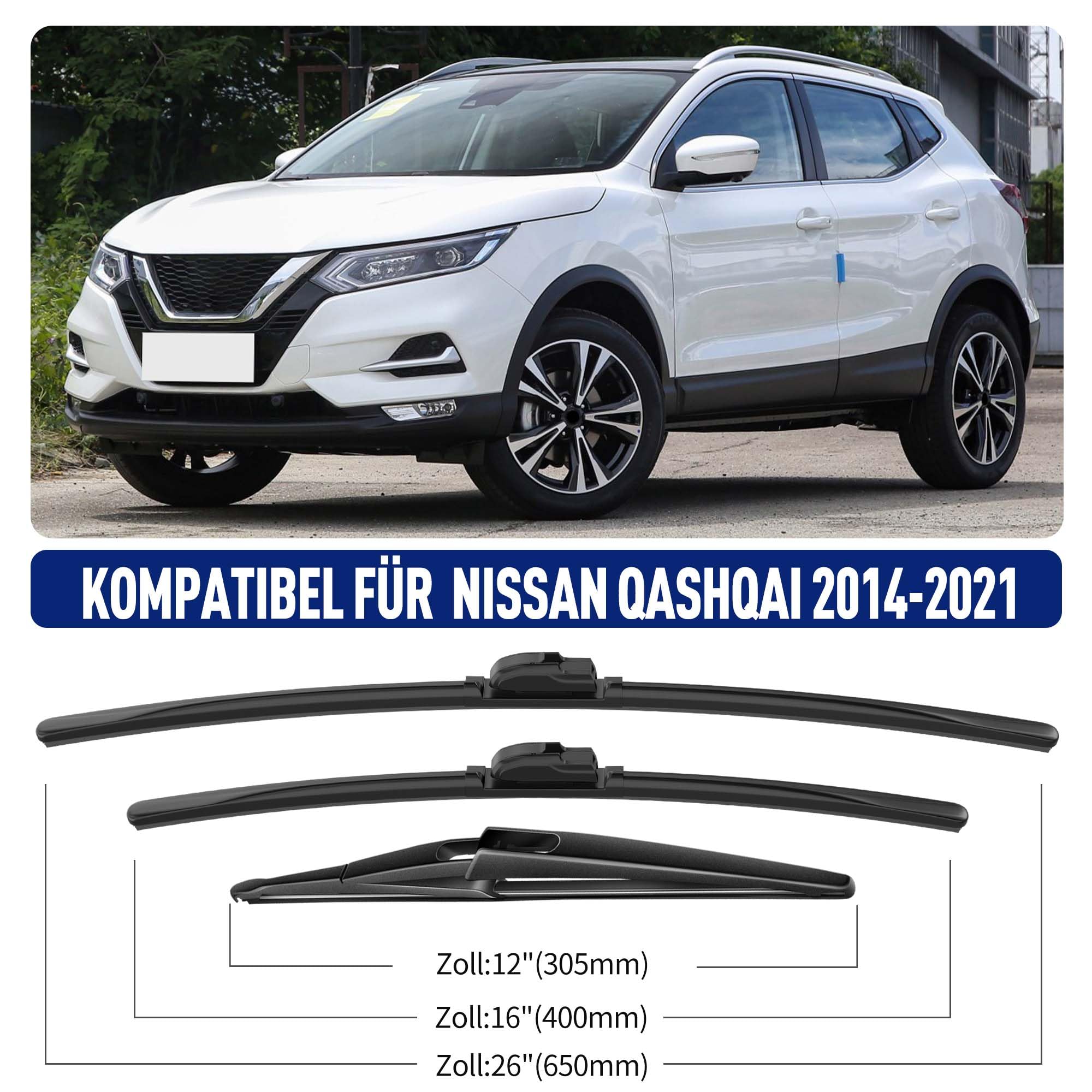 Scheibenwischer Set für Nissan Qashqai J11E 12.2013-2021 Vorne & Hinten | 2 Front + 1 Heck, Vordere Flachbalken-Wischer, Auto Scheibenwischer Frontscheibe und Heckwischer, Direkte Montage