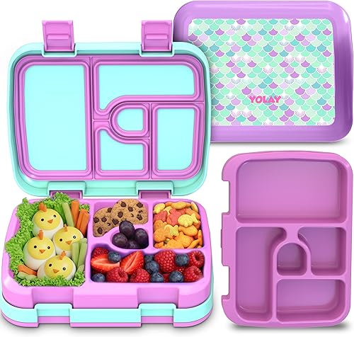 Miniatura 13 de YOLAY Caja Bento para Niños Lonchera a Prueba de Fugas, Lonchera de 5 Compartimentos para Niños de 3 a 10 Años, Duradera con Base Antideslizante,