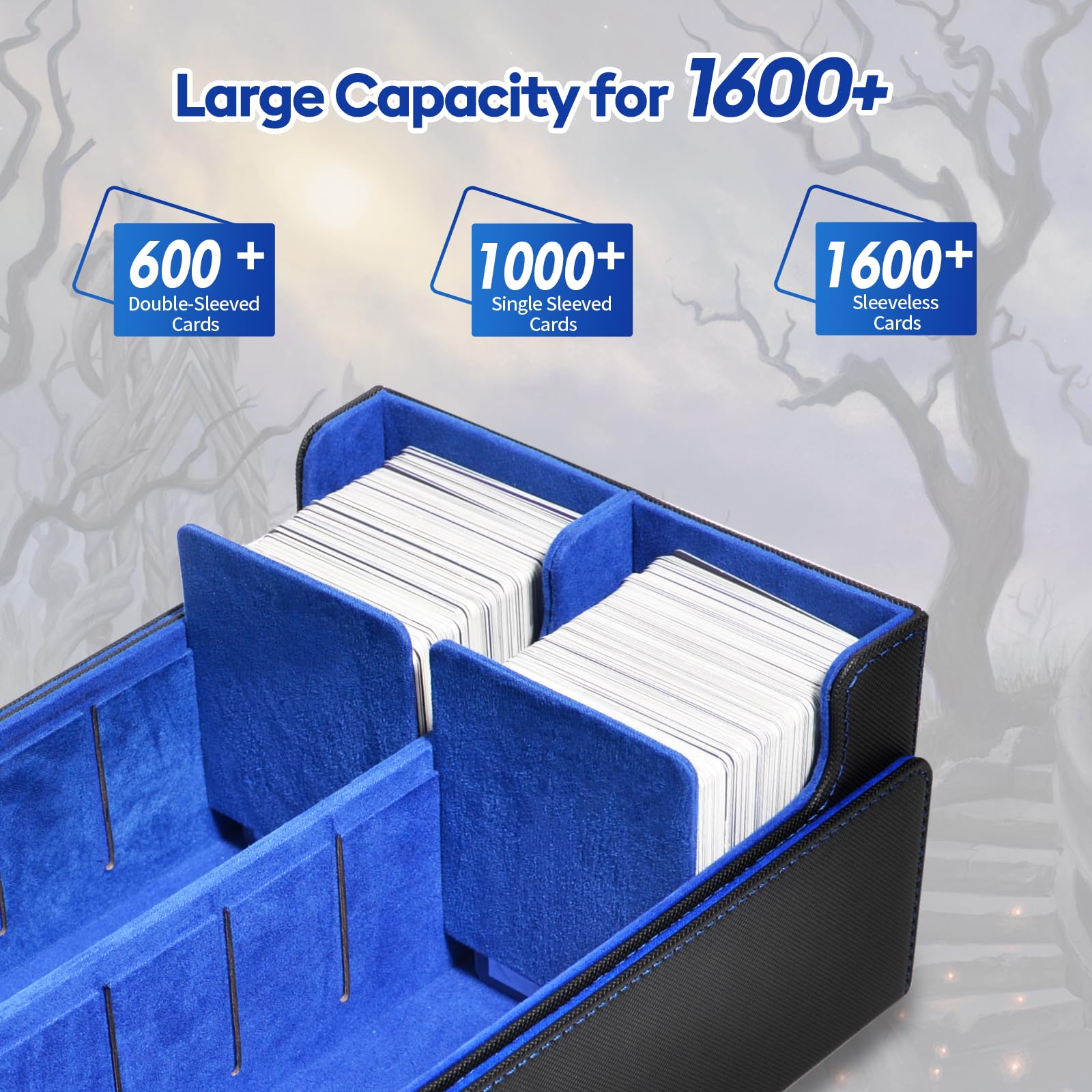 tombert Scatola per carte di credito Premium per MTG PTCG, grande capacità con 6 scomparti e 6 carte inseribili, 1800 + pelle PU Commander Card Deck Case (nero e blu