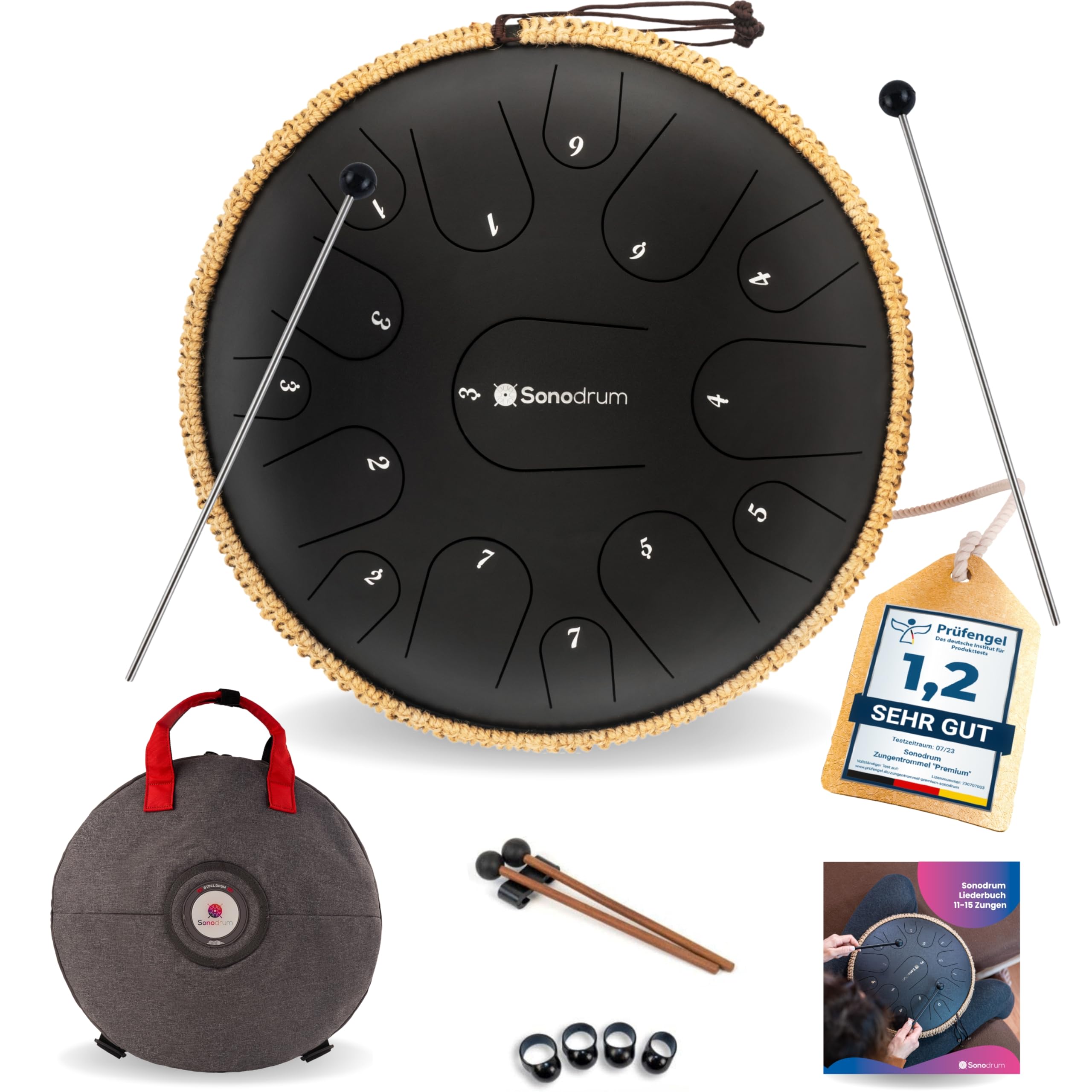 tamburo a lingua d'acciaio 'Premium' in Do Maggiore, nero - 35 cm con 15 note - steel tongue drum con canzoniere, mazzuoli, fingersticks e borsa da trasporto. Senza leggere le note.