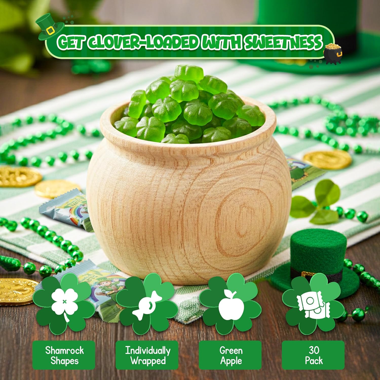 4E's Novelty 30 Packs St. Patricks Day Lucky Farts Shamrock Gummies - 30 Individually Wrapped Bags (5 Pieces Each) Green Gummy Funny St Patricks Day Candy Party Favors, Saint Patty's Day Treats & Kids Snacks, Green Apple Flavor