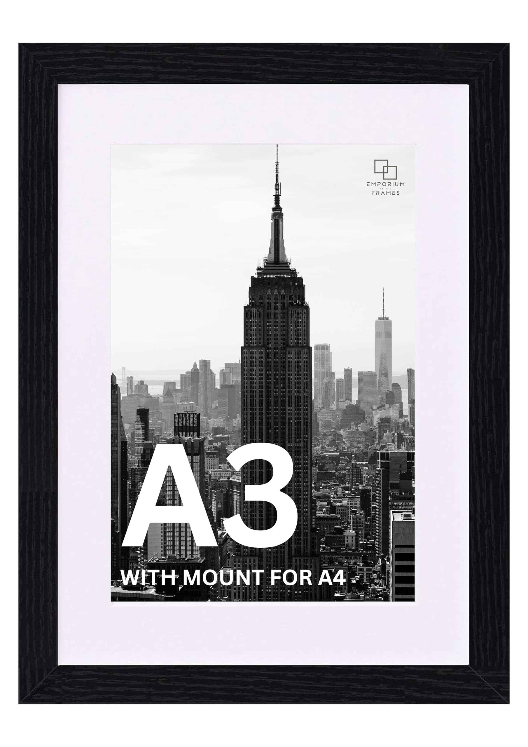 EMPORIUM RETAIL FRAMES Black A3 Picture Frame with Mount (29.7x42 cm) Synthetic Wooden Frame with Styrene Plastic Glass for Wall Mount, MDF Backing, Portrait or Landscape Display for A3/A4 Prints