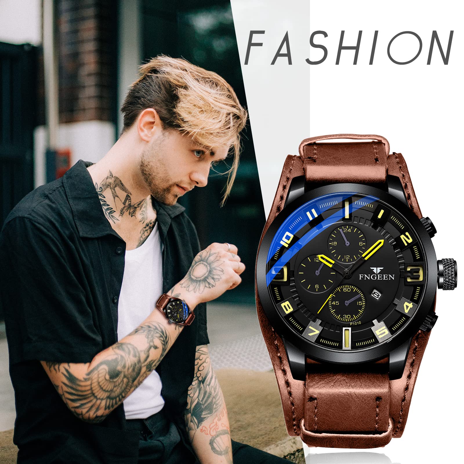 JewelryWe Herrenuhr Analog Quarz Datum Kalender Punk Militärische Armbanduhr Herren 30m wasserdichte Militär Sport Uhr mit Echtleder Leder Armband