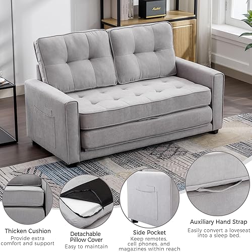 Miniatura 93 de Sofá cama biplaza de terciopelo convertible y moderno con cama desplegable, respaldo ajustable y 2 almohadas lumbares, para espacios pequeños (gris