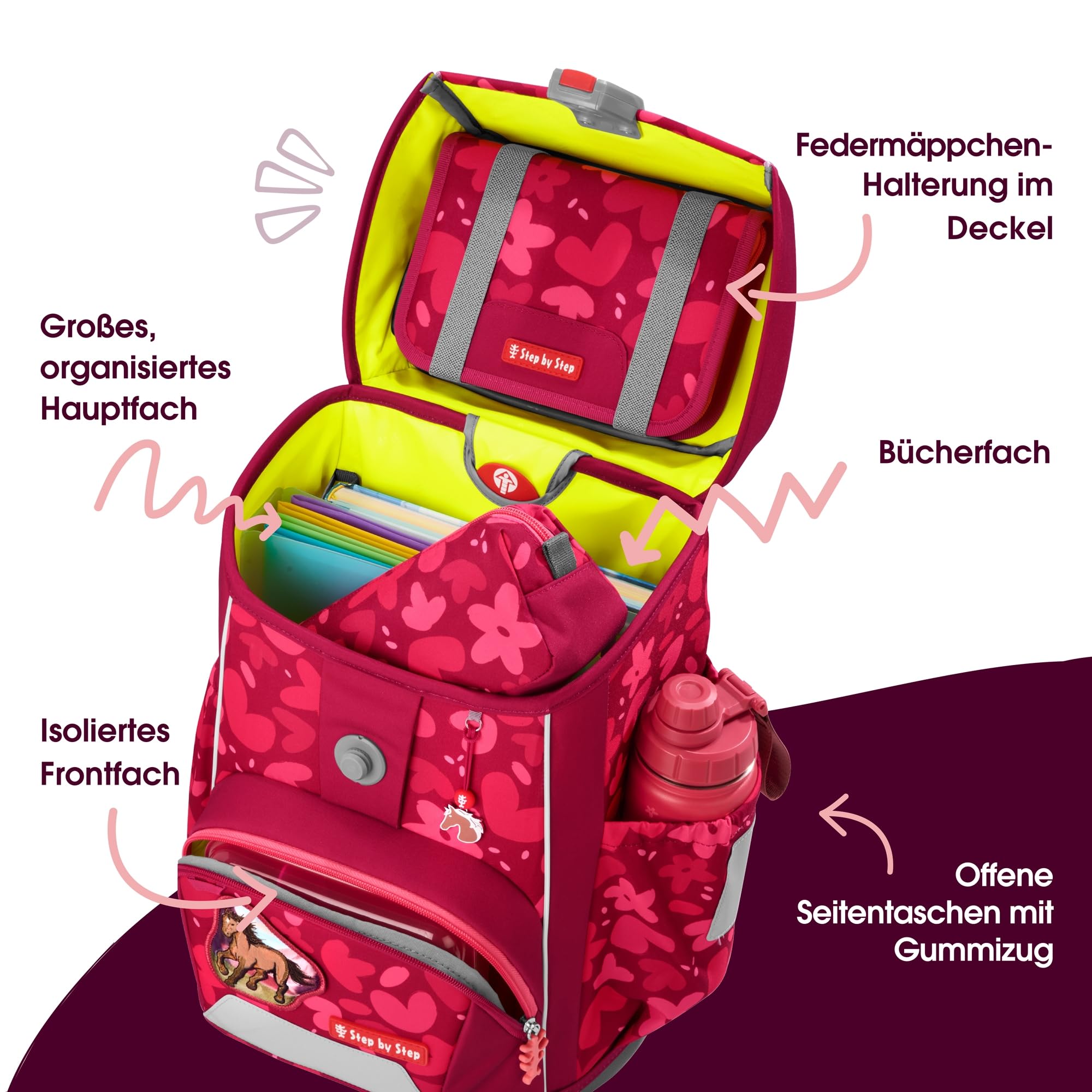 Step by Step Giant - Juego de mochila escolar (5 piezas, color verde, ergonómico, con reflectores, altura regulable con cinturón de cadera y pecho, 23 L), color verde