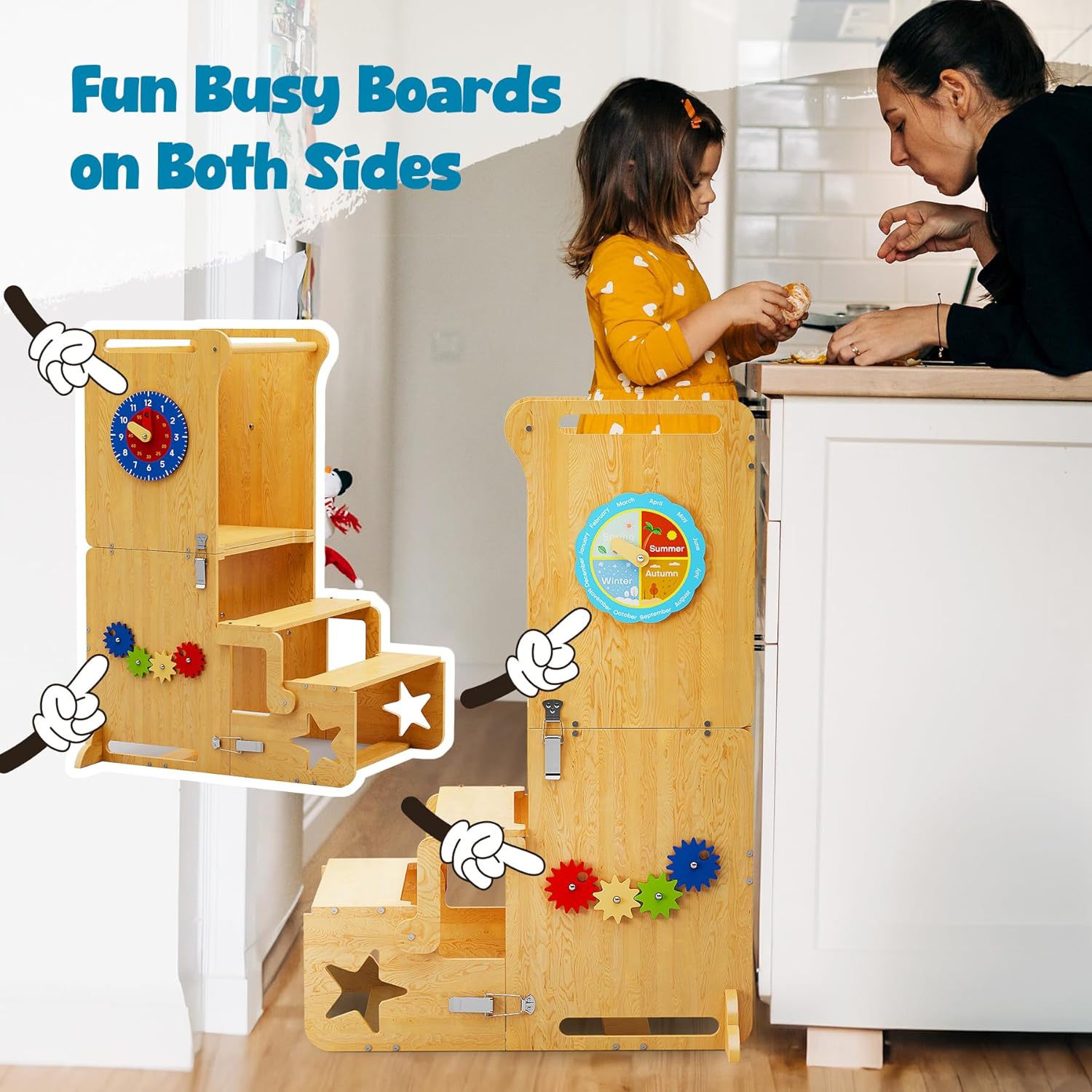 NiHome Wooden Toddler Standing Tower for Kitchen and Bathroom, Adjustable Height & Foldable Kitchen Step Stool Helper, Encourages Independence in Cooking and Daily Tasks, Converts to Table and Shelf