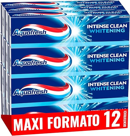 Aquafresh Intense Clean Whitening, Dentifricio Sbiancante, Pulizia Profonda dei Denti, Pacco da 12 x 75ml