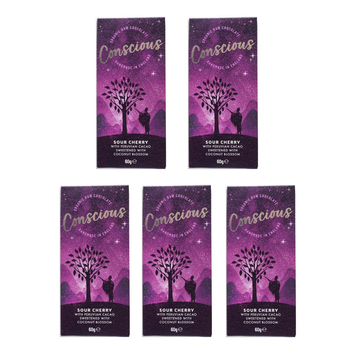 consciousChocolate - Sour Cherry Bundle - 5x60g Sour Cherry Flavoured Peruvian Cacao Bars - Handmade, Vegan & OrganicEU Organic