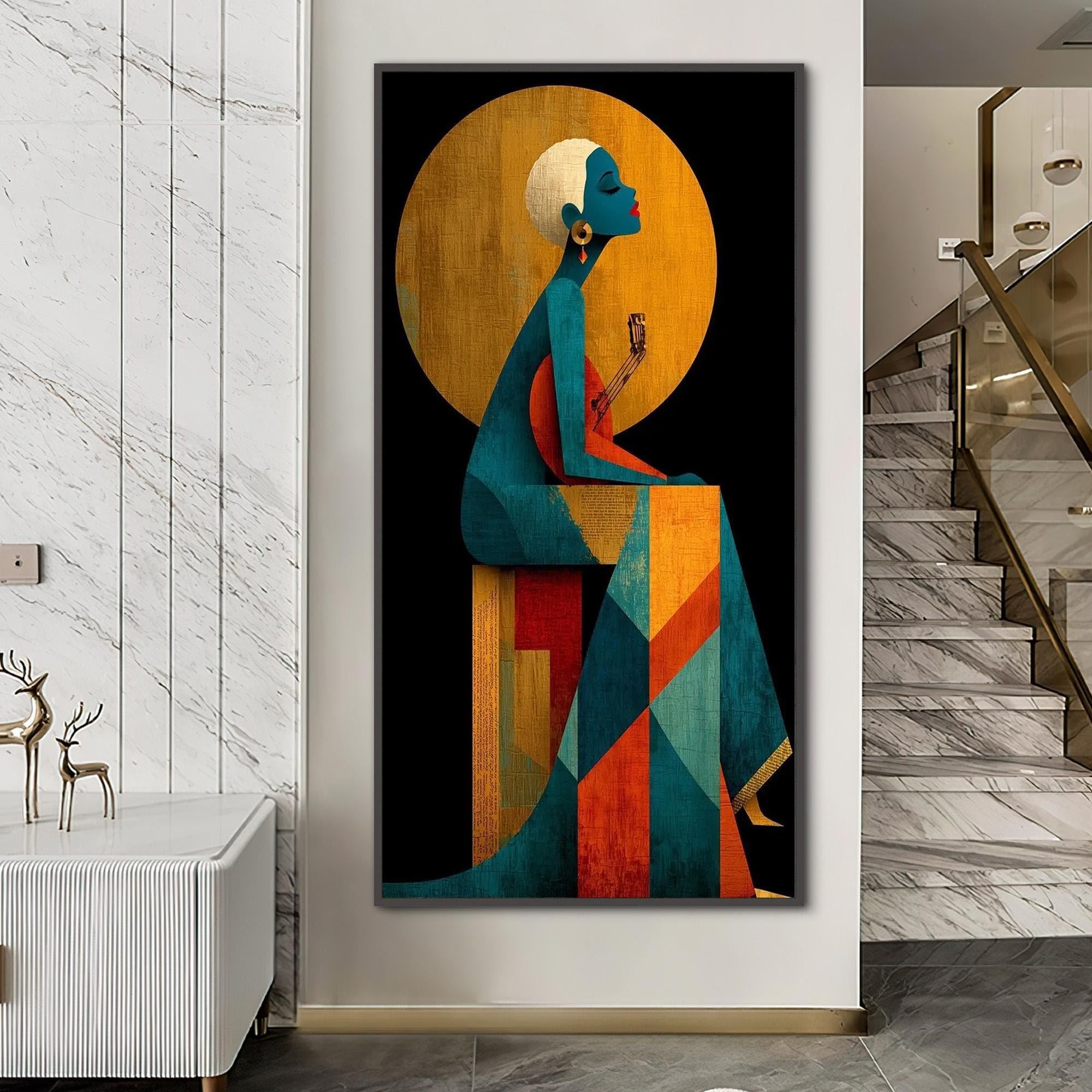 TONGYINLI African Woman Oil Painting,Geometric Wall Art,Black And Gold Female portrait Artwork,Abstract Jazz Music Art Print(30x60cm/Frameless)
