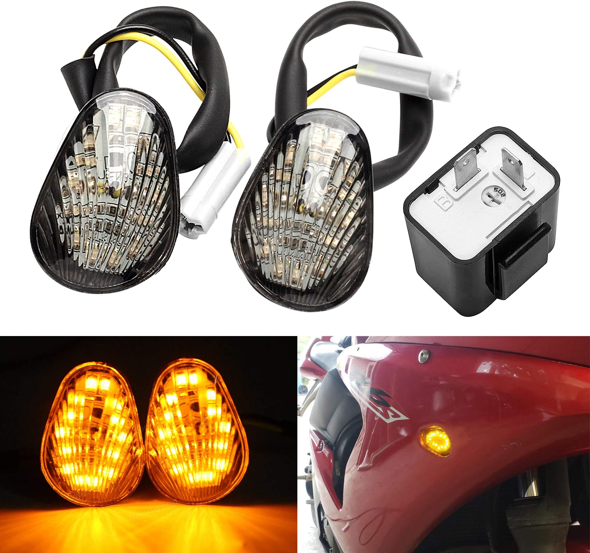 Turn Signal Indicator Light Amber LED Flush Mount + 2 Pin Electronic Adjustable Flasher Relay for Yamaha YZF R1 R3 R6 R6S FZ6 FZ1 FZ Fazer FZ6R FZ07 FZ8 FZ09 TMAX MT-07 MT-09 Smoked Lens