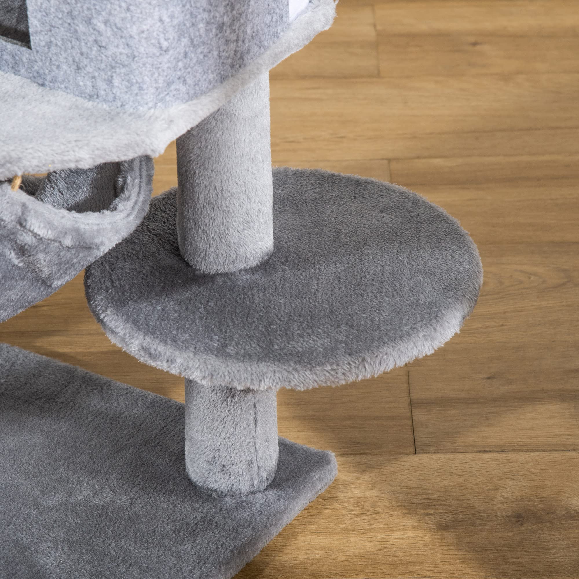 PawHut Albero Tiragraffi per Gatti con Palo, Casetta, 48x48x107 cm, Grigio | Letto, 4 Piattaforme, Amaca e 2 Giochi, Torre per Gatti in Truciolato, Peluche, Sisal e Feltro