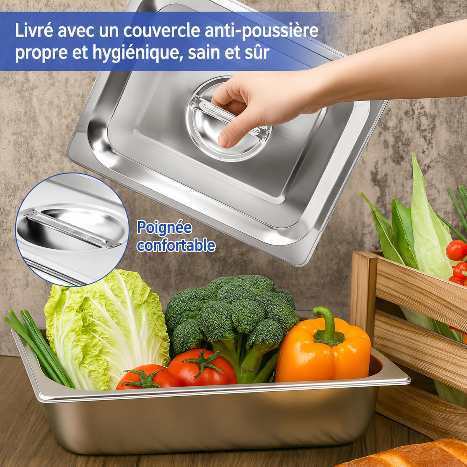 Lot de 4 Bacs Gastronormes GN 1/2 avec Couvercles – Bac GN Professionnel en Acier Inoxydable Profondeur 65 mm – Plat Inox Empilable pour Buffet, Chafing Dish et Restauration