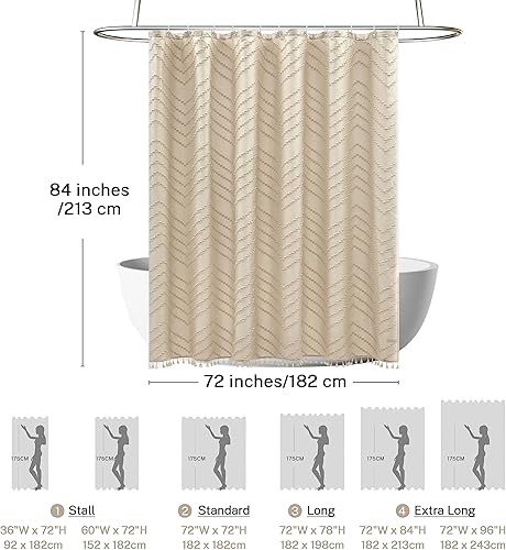 Miniatura 4 de Siiluminisoy Cortina de ducha extralarga hecha de tela tejida, de estilo bohemio, de rayas chevrón y capitoné, color beige, de 72 x 84 pulgadas,