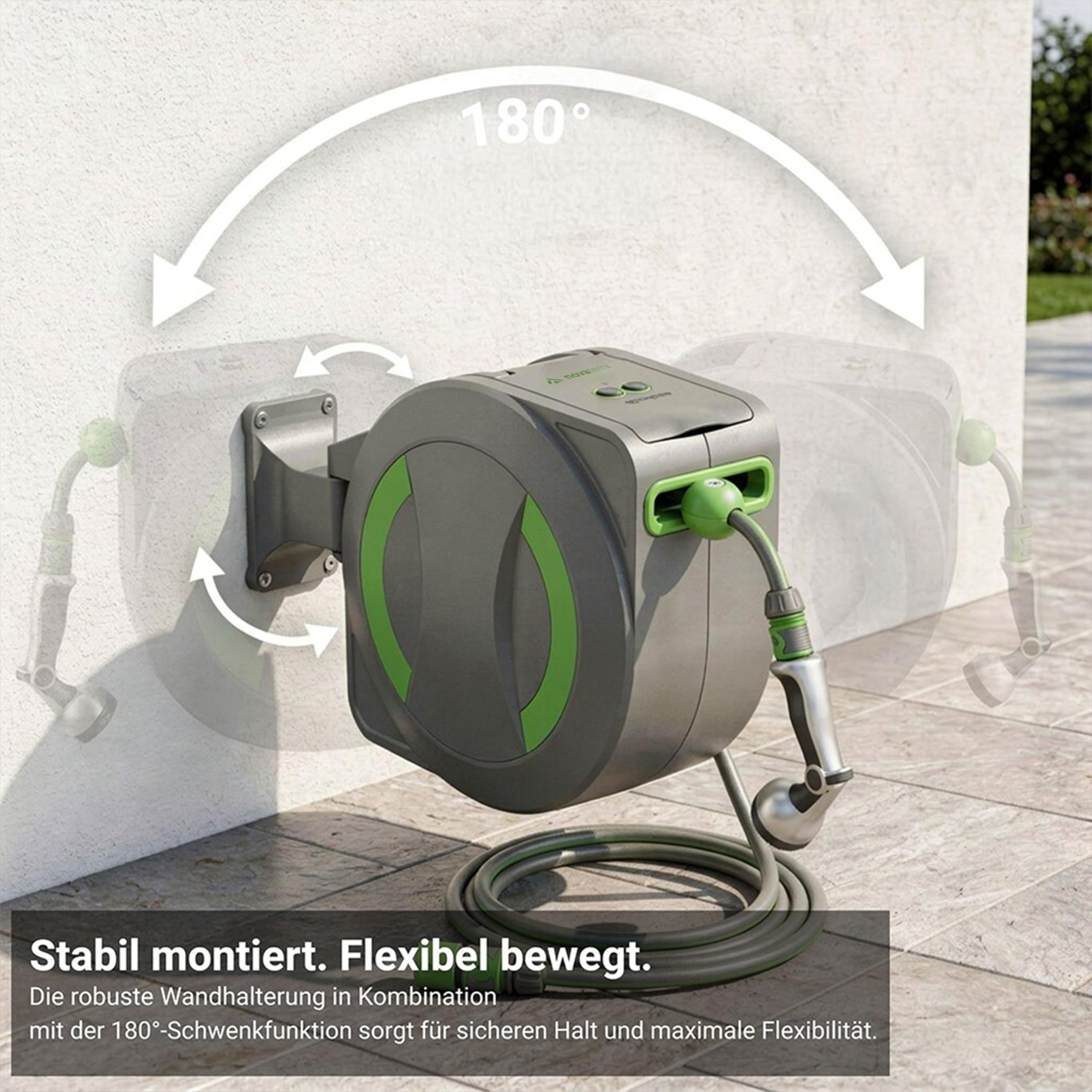 Dönges novaterra® Elektrische Schlauchtrommel 30m – Automatische akkubetriebene Gartenschlauchtrommel mit elektrischem Einzug, wetterfeste Schlauchbox für Garten & Terrasse, Akku Schlauchaufroller