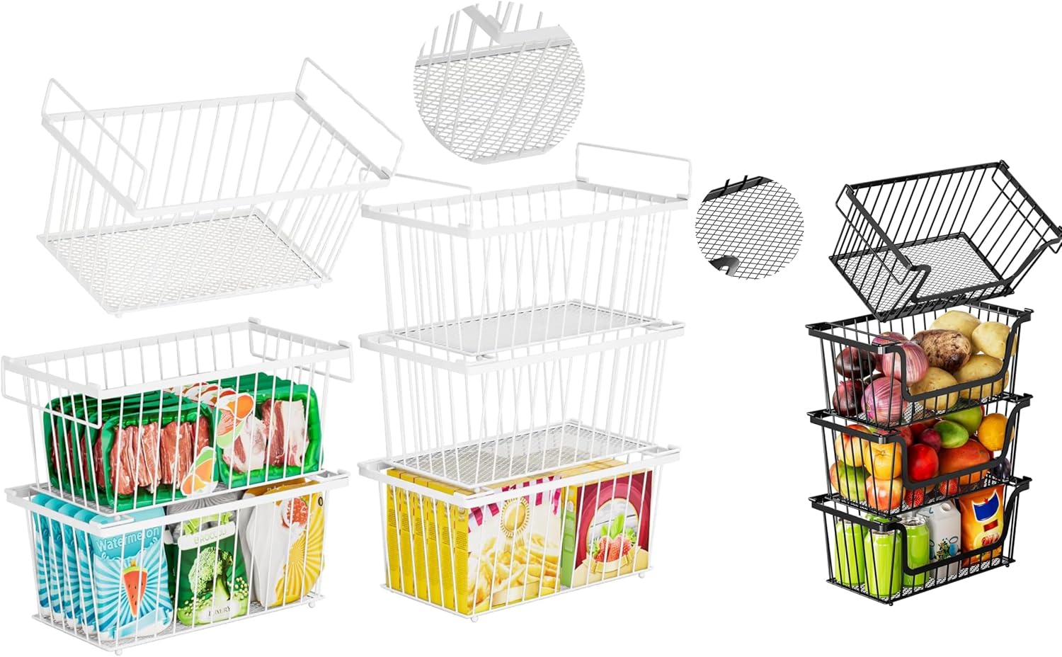 6 Pack Stackable Deep Freezer Organizer Bins ，Upgraded Bottom Leak-Proof net and 4PCS-U-Shaped Stackable Wire Baskets, Suitable for Storage Shelves