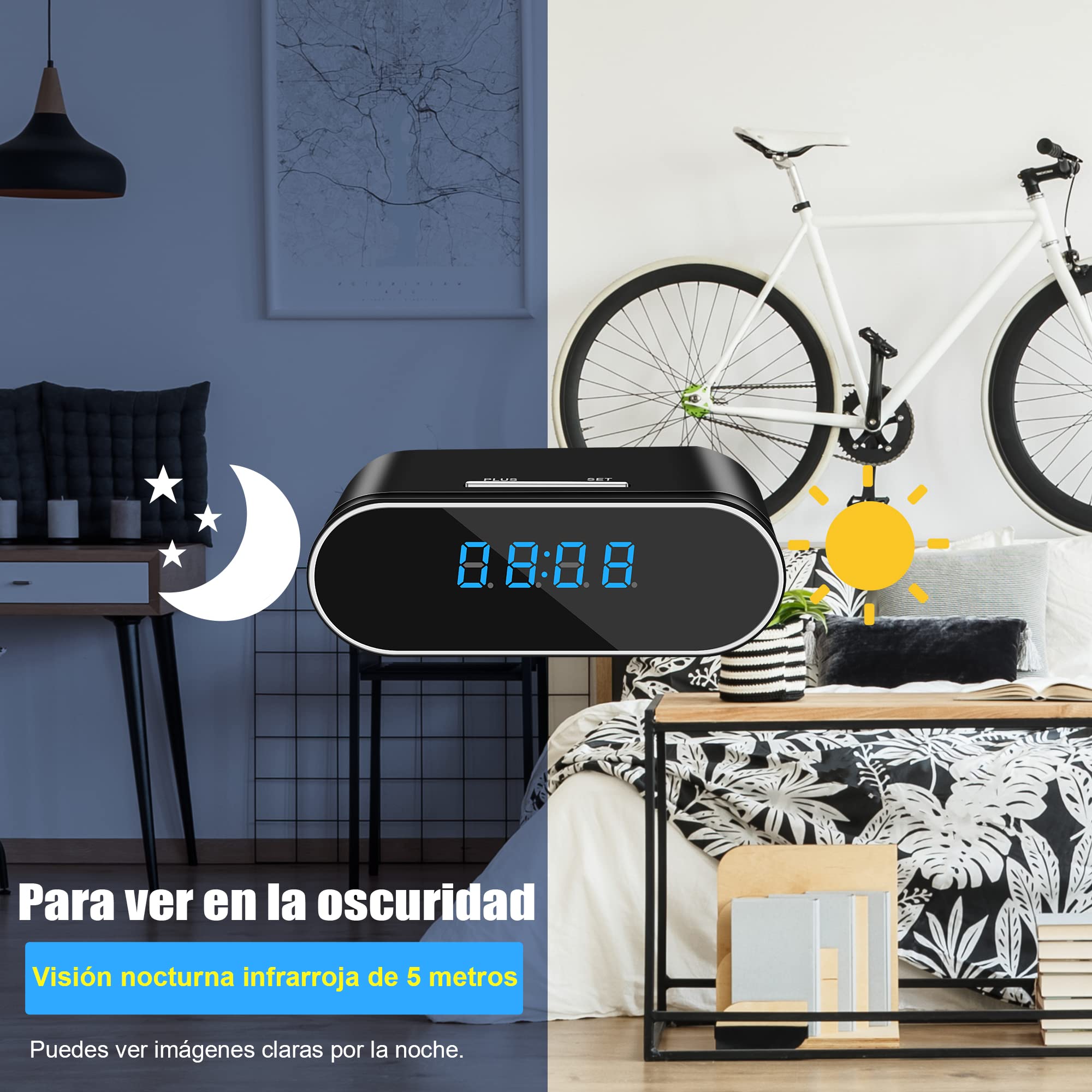 Reloj Mini Camara Espia Oculta vigilancia wifi interior 1080P - Black | HD 1080p,ángulo amplio de 140°,solo Wi-Fi 2,4G,visión nocturna,detección de movimiento,control por app,visualización remota