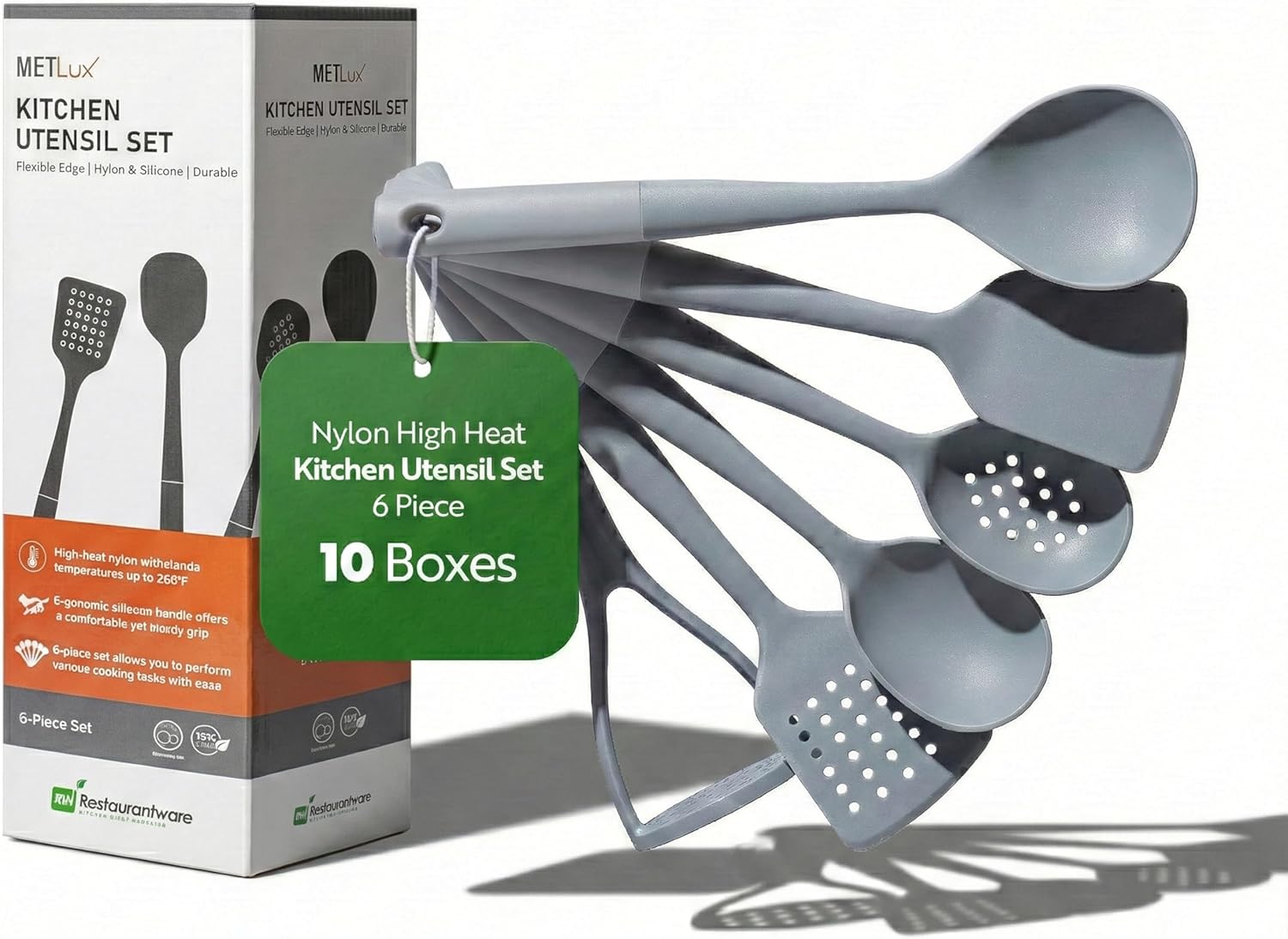 Met Lux Silicone Utensil Sets, 10 Nylon Head Cooking Utensil Sets - 6 Pieces Per Set, High-Heat Tolerance, Gray And White Nylon Kitchen Utensils, For No-Stick Cookware - Restaurantware