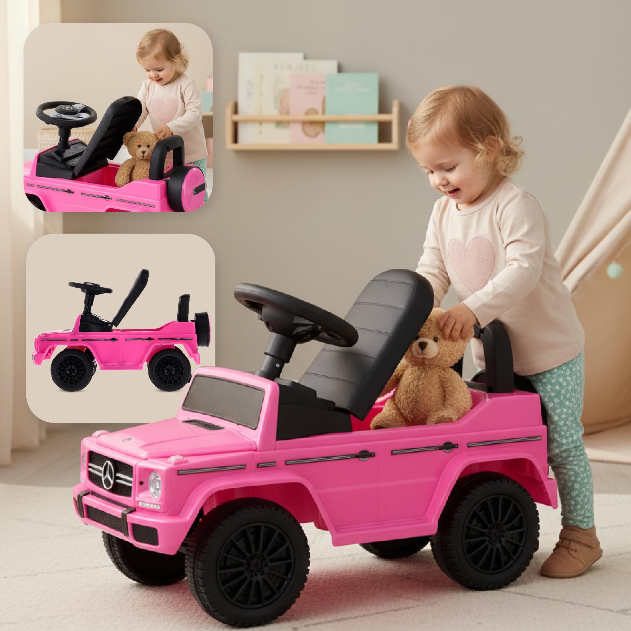 sun baby Coche de Empuje Mercedes Benz G, Coche para Niños a Partir de 1 año, Volante con Sonido, guantera, Rueda de Repuesto Falsa (Rosa)