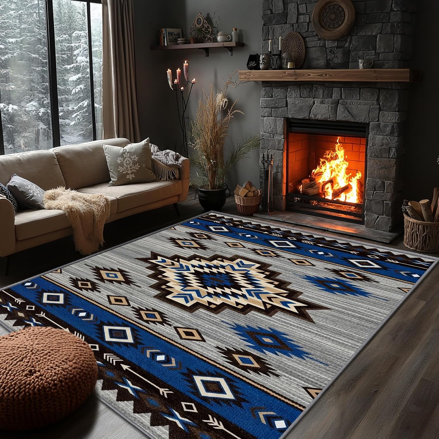 Native American Rug 5x7 - Aztec Southwestern Geometric Area Rugs, Boho Lodge Carpet, Washable & Non Slip & Soft Large Carpets, Native American Home Decor (Sapphire Blue Grey)